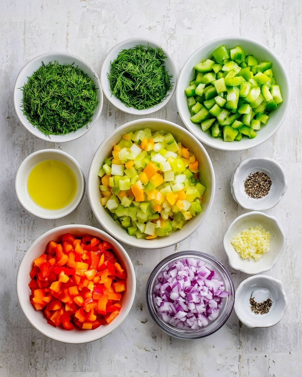 The image shows eight small white bowls arranged on a white marbled surface, each holding a different chopped ingredient. From top left going clockwise, the first bowl contains bright green fresh dill, finely chopped. Next to it is a bowl with vibrant green chopped bell peppers. Below that, a bowl is filled with light green chopped cucumbers. To the right, a small bowl has ground black pepper, and next to it another small bowl holds minced garlic with a pale yellow color. The largest bowl in the center bottom holds bright red diced bell peppers. Above it, a large bowl contains chopped yellow pickles, and in the center a clear bowl is filled with finely chopped purple and white onions. At the bottom left, a small bowl has a bright yellow liquid, likely oil. photo taken with an iphone --ar 4:5 --v 7