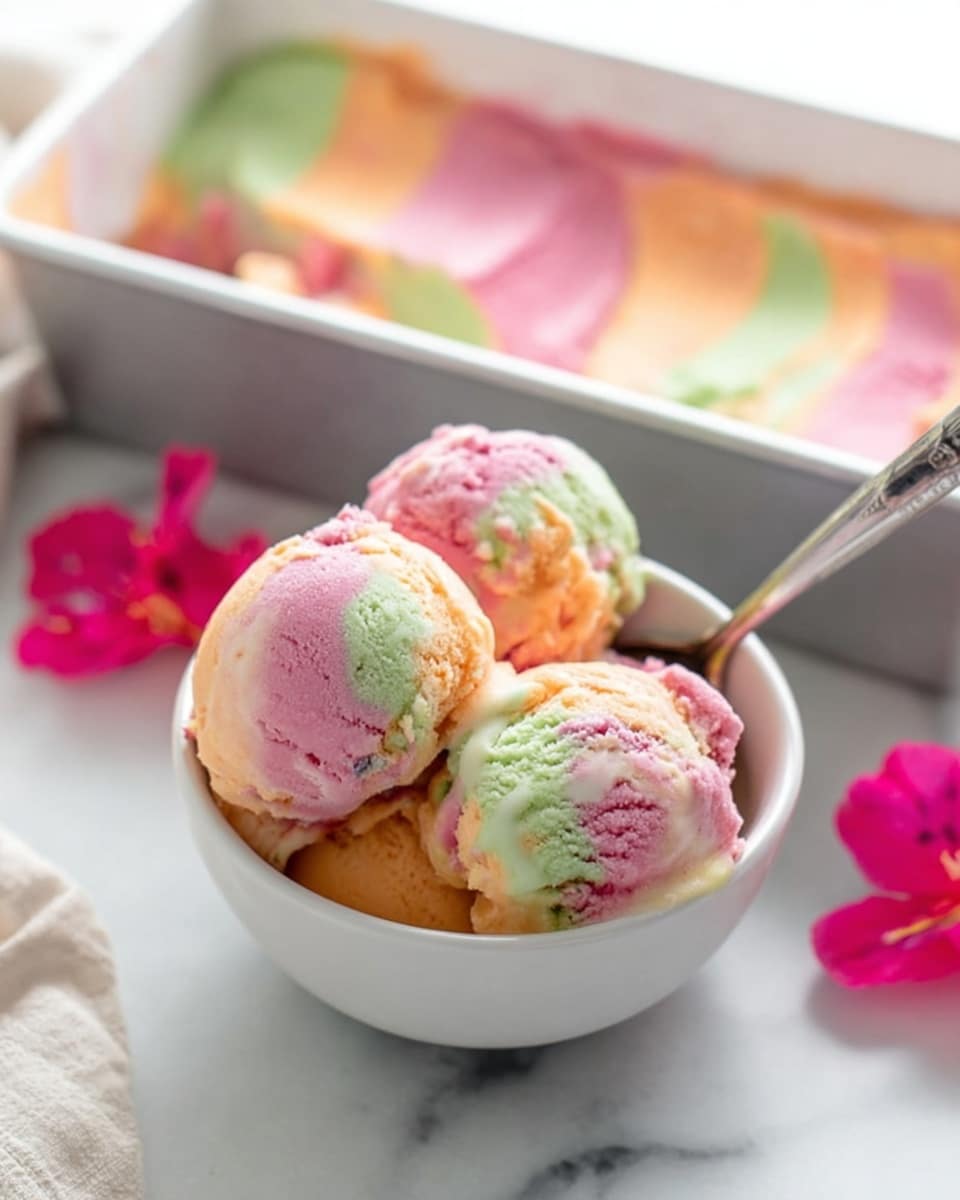 A white bowl holds three scoops of colorful rainbow sherbet ice cream, showing layers of soft pastel orange, pink, and green swirled together with a creamy texture; a silver spoon sticks out from the ice cream. Behind the bowl, a rectangular container filled with the same multi-colored sherbet is slightly blurred, showing smooth, swirled layers. The scene is set on a white marbled surface with a few bright pink flower petals scattered nearby, giving a fresh and bright feel. Photo taken with an iphone --ar 4:5 --v 7