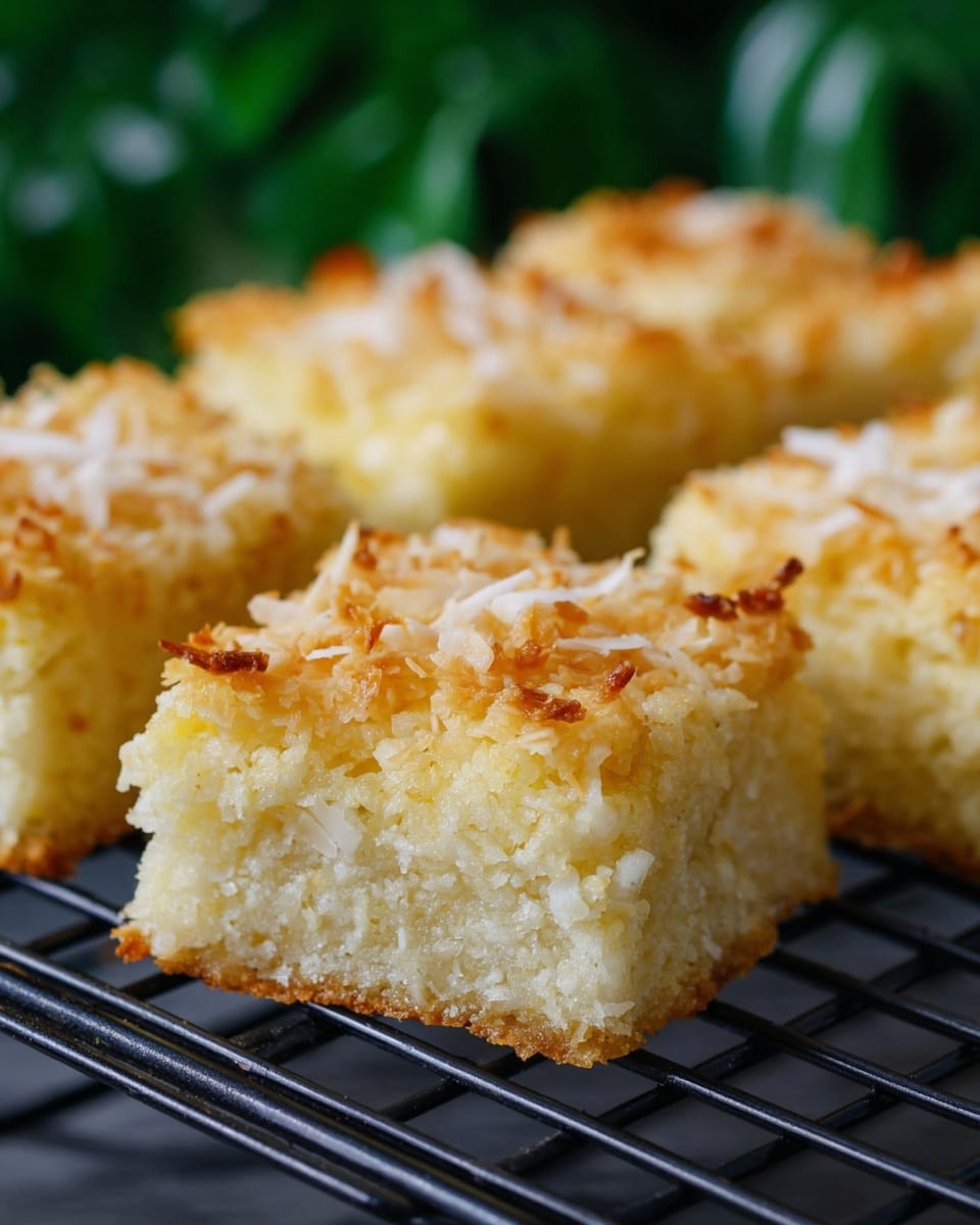 The image shows square pieces of a light yellow dessert with a slightly crumbly texture, each piece topped with a layer of toasted shredded coconut that has golden brown spots. The base layer is pale and soft-looking, while the top coconut layer adds texture and color contrast. The squares are placed on a black wire rack, with a blurred green leafy background. The dessert pieces appear moist and tender, with the toasted coconut giving a rough, crunchy top surface. Photo taken with an iphone --ar 4:5 --v 7