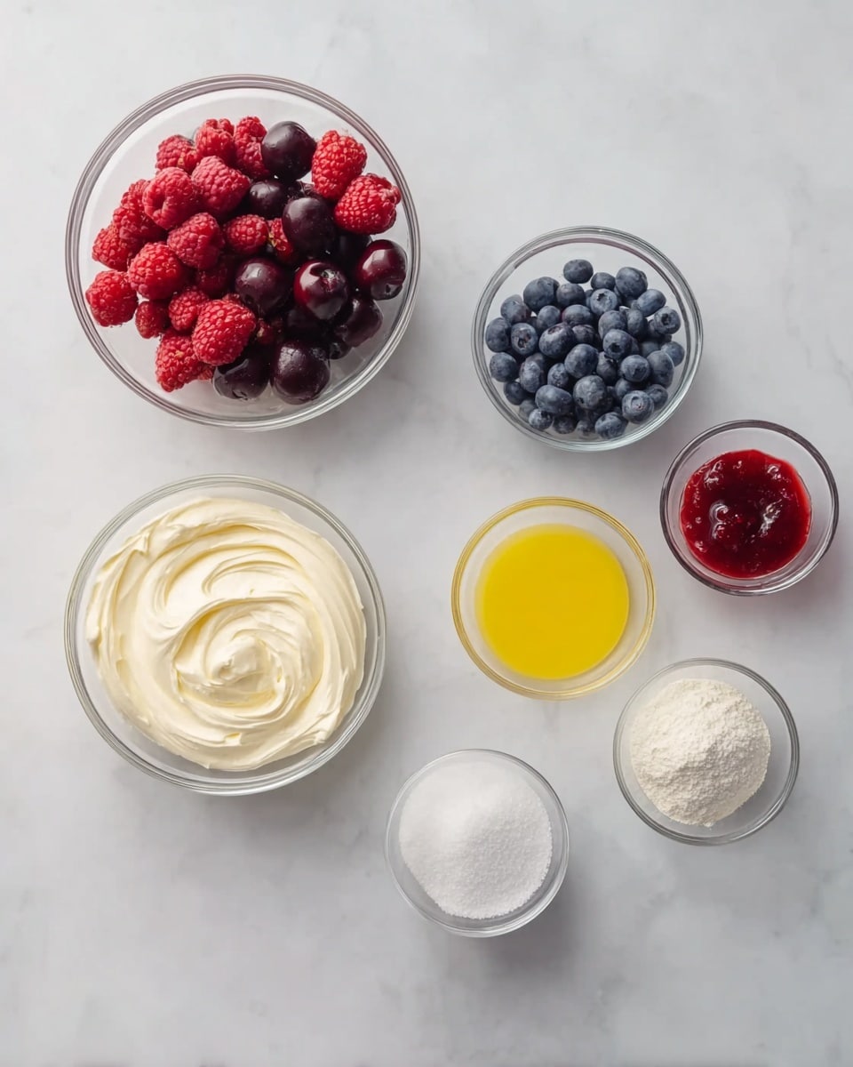 This image shows seven small clear bowls arranged on a white marbled surface. One bowl at top left is filled with colorful berries including red raspberries, dark cherries, and blue blueberries. Below it to the left, a bowl holds creamy thick off-white spread with smooth swirls. In the center near the top, a bowl contains bright yellow liquid, likely melted butter or oil. To the right of it is a small bowl with white powder, possibly flour or cornstarch. Below these, a medium clear bowl holds white granulated sugar. In the middle bottom, a small bowl contains baking powder or soda, white and powdery, and next to it to the right is a small container with red jam or sauce. The bowls are evenly spaced with soft natural light and no other objects around, photo taken with an iphone --ar 4:5 --v 7
