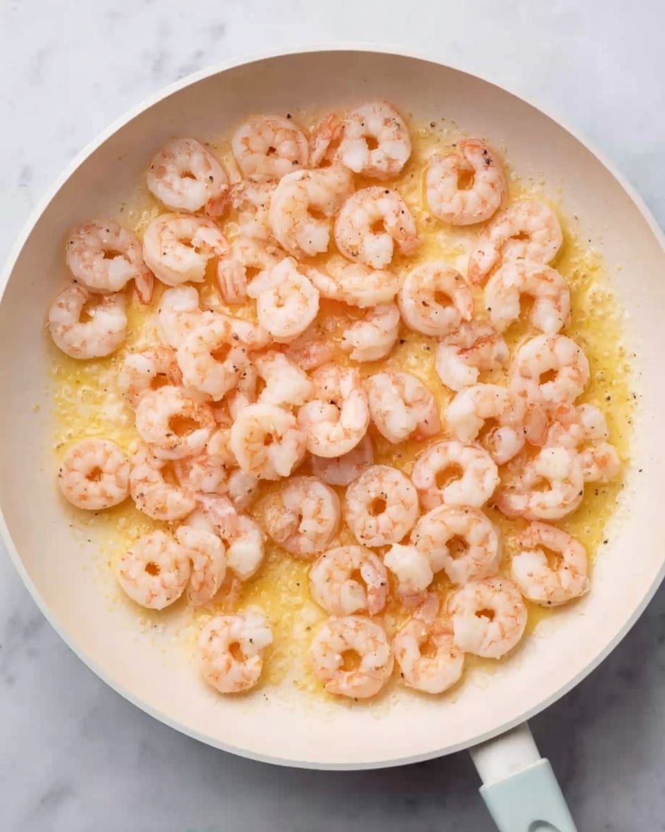 A top view of a white frying pan filled with two layers: the bottom layer is melted light yellow butter or oil, and the top layer is light pink cooked shrimp, evenly spread out. Each shrimp is small, curled, with a smooth texture, scattered over the buttery base. The pan handle is visible on the right side, and the pan sits on a white marbled surface. photo taken with an iphone --ar 4:5 --v 7