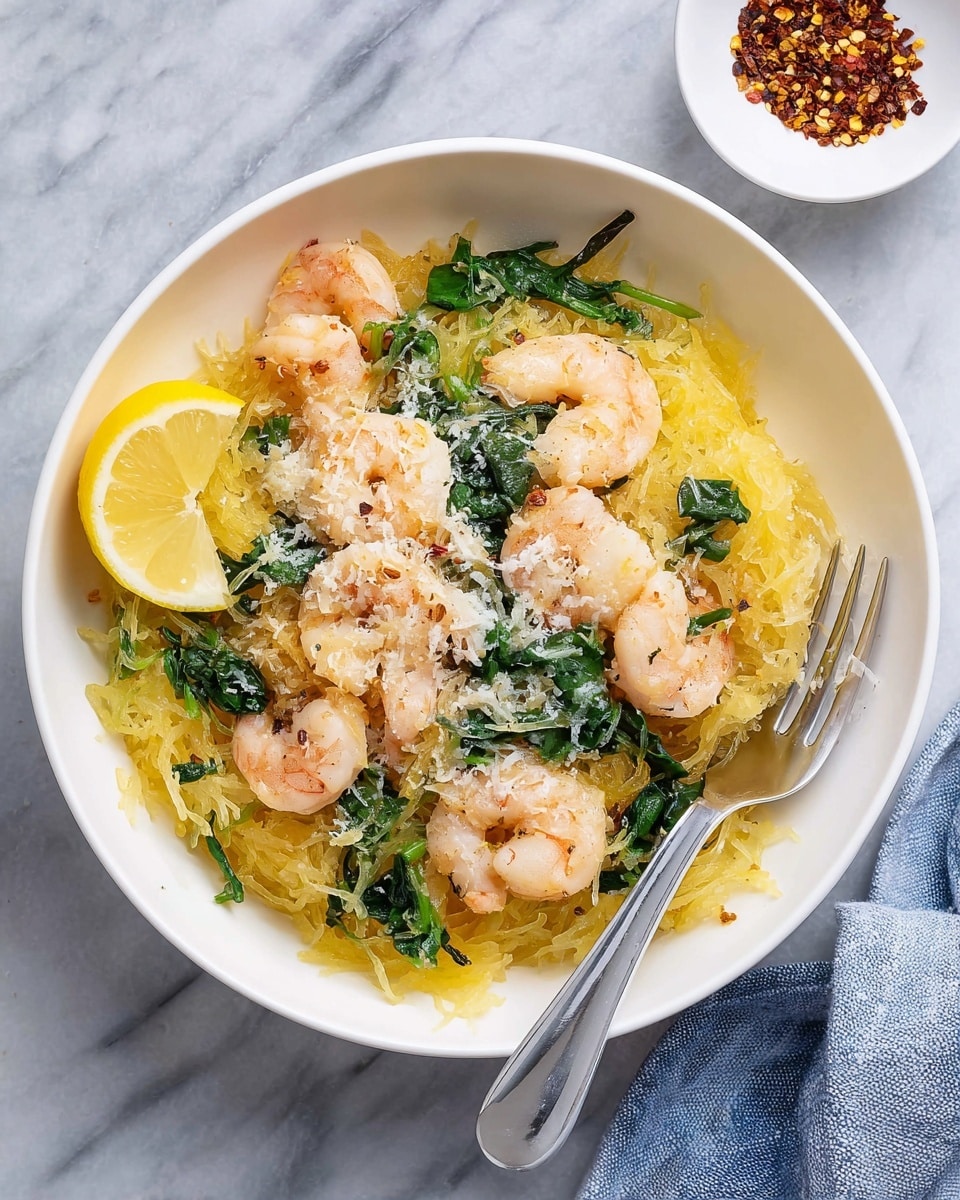 A white bowl on a white marbled surface holds a dish with three main layers: a bottom layer of yellow spaghetti squash strands, a middle layer of pink cooked shrimp scattered evenly, and a top layer of bright green spinach leaves mixed in. There is also a sprinkle of white grated cheese across the top. A lemon wedge rests on the left side inside the bowl. A silver fork with shrimp and some spinach is placed on the left side, pointing inward. In the upper right background, a small white bowl holds red pepper flakes. A blue and white striped cloth napkin is partially visible on the bottom right side. Photo taken with an iphone --ar 4:5 --v 7
