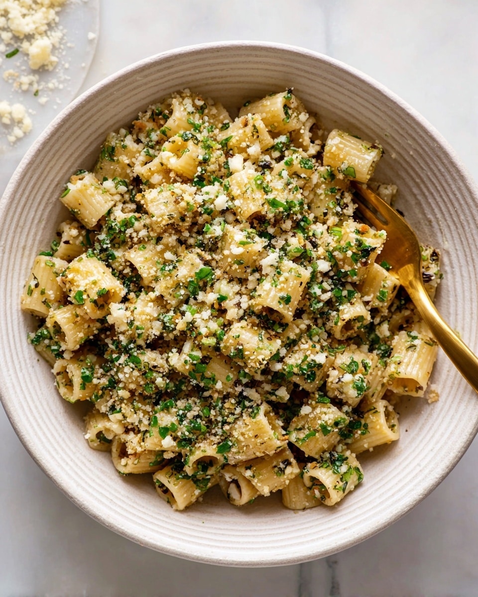 A white bowl with ridged sides holds small tube-shaped pasta that is light golden in color, mixed with finely chopped green herbs and sprinkled generously with crumbled pale cheese, giving a speckled look on top. A shiny gold fork rests partially in the pasta on the right side, slightly submerged. The bowl is placed on a white marbled surface with some scattered crumbs nearby. photo taken with an iphone --ar 4:5 --v 7