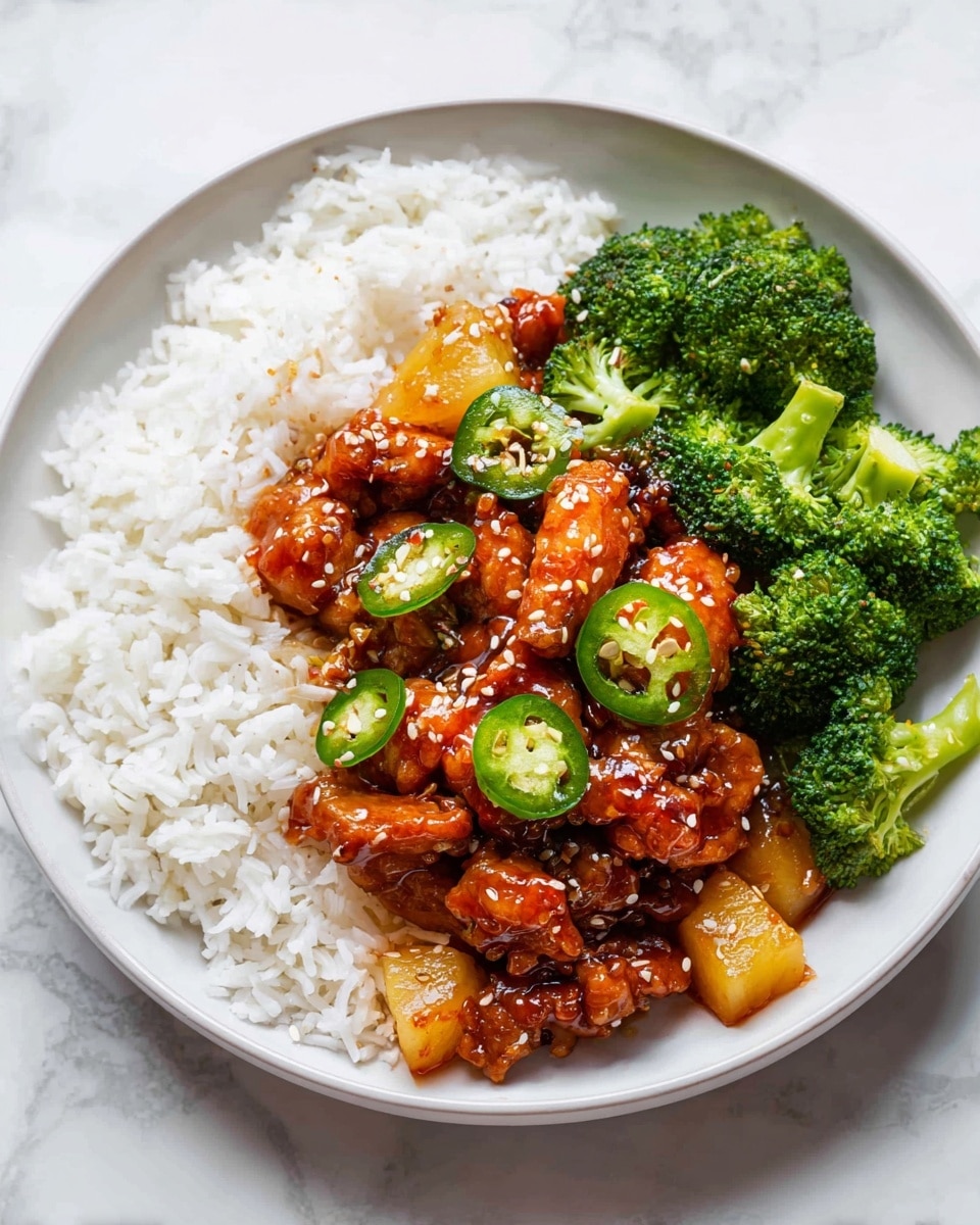 A white plate holds three main layers: at the bottom is a bed of white, fluffy rice with visible individual grains; on the left side, there's a thick mix of glossy, golden-brown pieces of meat and small chunks of light yellow pineapple, all coated in a shiny, reddish-brown sauce and garnished with thin, round slices of fresh green jalapeño and sprinkled with sesame seeds; on the top right part of the plate, bright green broccoli florets with a rough, bumpy texture sit alongside the rice, creating a colorful contrast; the surface beneath the plate is a white marbled texture. photo taken with an iphone --ar 4:5 --v 7