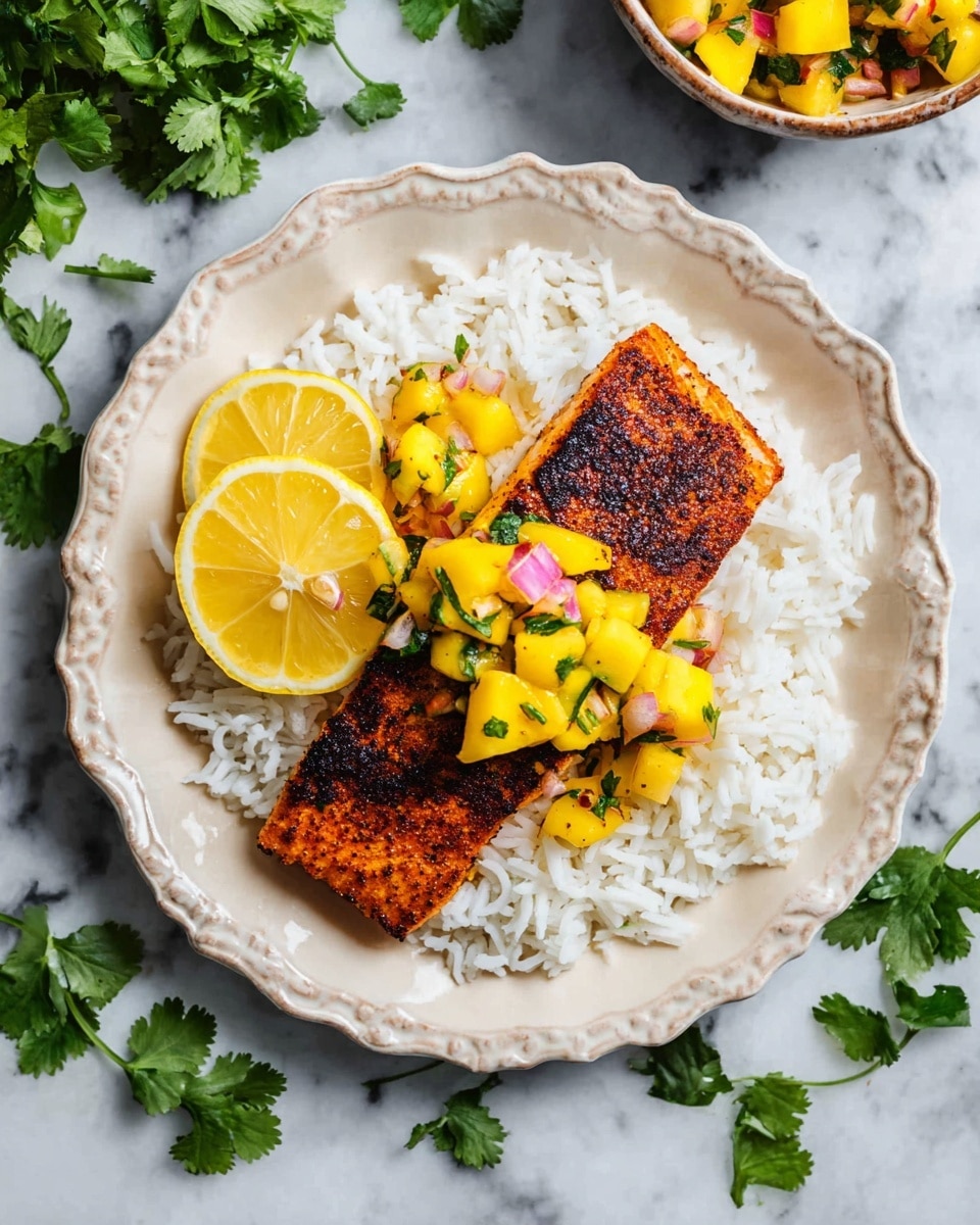 A white scalloped plate holds a bed of white rice spread evenly on the bottom layer. On top, there is a blackened, seasoned salmon fillet with a textured, slightly charred dark orange surface. A bright yellow mango salsa with small chunks of mango, red onion, and green herbs is layered over one side of the salmon. Two lemon wedges with a juicy texture are placed on the side of the salmon, resting on the rice. The plate is set on a white marbled surface with fresh green cilantro leaves scattered around. Photo taken with an iphone --ar 4:5 --v 7