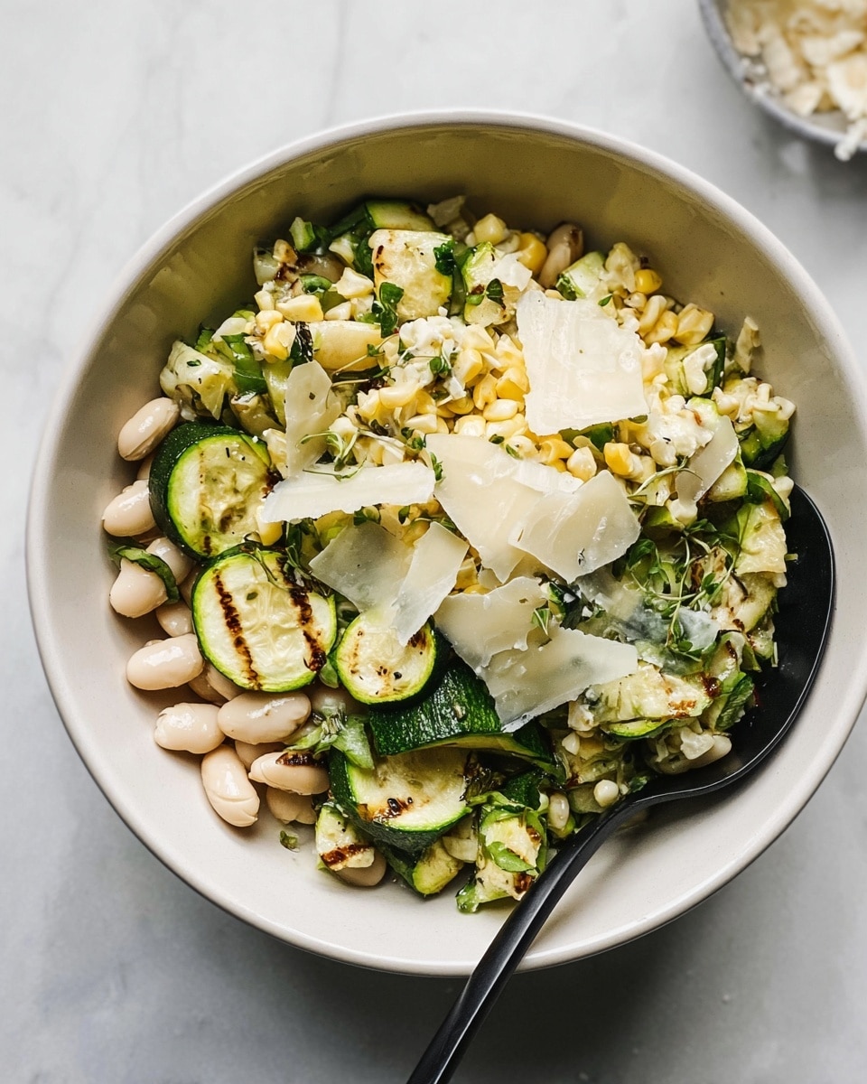 A white bowl holds a fresh salad made of three main layers: the bottom layer has white beans scattered with light green and dark green zucchini pieces that show grill marks, the middle layer is small light yellow corn kernels mixed with green herbs, and the top layer features thin pale cream cheese shavings spread unevenly over the salad. A black spoon rests inside the bowl on the right side. The bowl sits on a white marbled surface. photo taken with an iphone --ar 4:5 --v 7