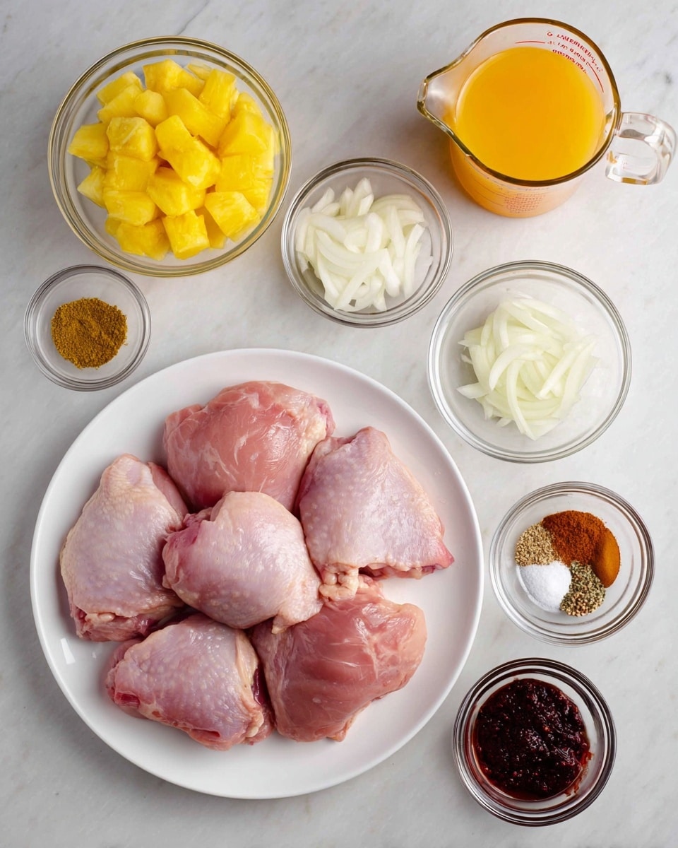 The image shows a white plate filled with six raw chicken thighs, pink with a smooth texture and some fat edges. Around the plate, there are small glass and white bowls with different ingredients: bright yellow pineapple chunks in a glass bowl, thin white onion slices in another glass bowl, a clear glass bowl with minced garlic, a white bowl with dark red chili paste, and a white bowl holding three piles of spices light brown curry powder, white salt, and small brown seeds. There is also a small glass bowl of golden honey and a metal measuring cup filled with orange juice. All items are set on a white marbled surface. Photo taken with an iphone --ar 4:5 --v 7