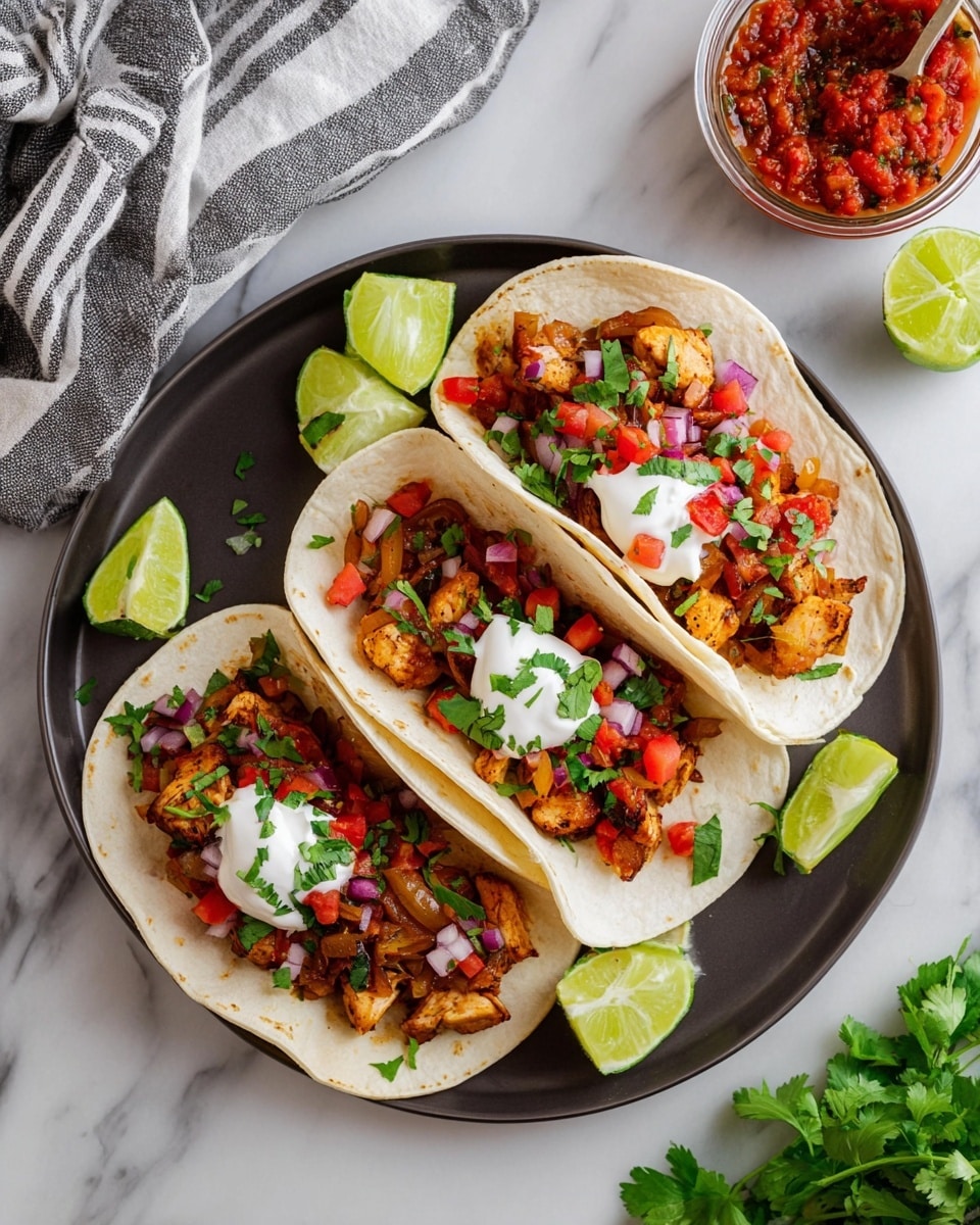 Three tacos sit side by side on a white plate, each with a soft, pale tortilla base. Inside the tortillas, there is a layer of golden-brown cooked chicken pieces mixed with caramelized onions. On top of the chicken, there are small chunks of red tomatoes and bits of purple onion, garnished with fresh green cilantro leaves. Each taco has a small dollop of white sour cream on top. Two lime wedges are placed near the tacos for garnish. The plate is set on a white marbled surface with a grey and white striped cloth to the side, some fresh cilantro leaves, and a small glass bowl of chunky red salsa nearby. Photo taken with an iphone --ar 4:5 --v 7