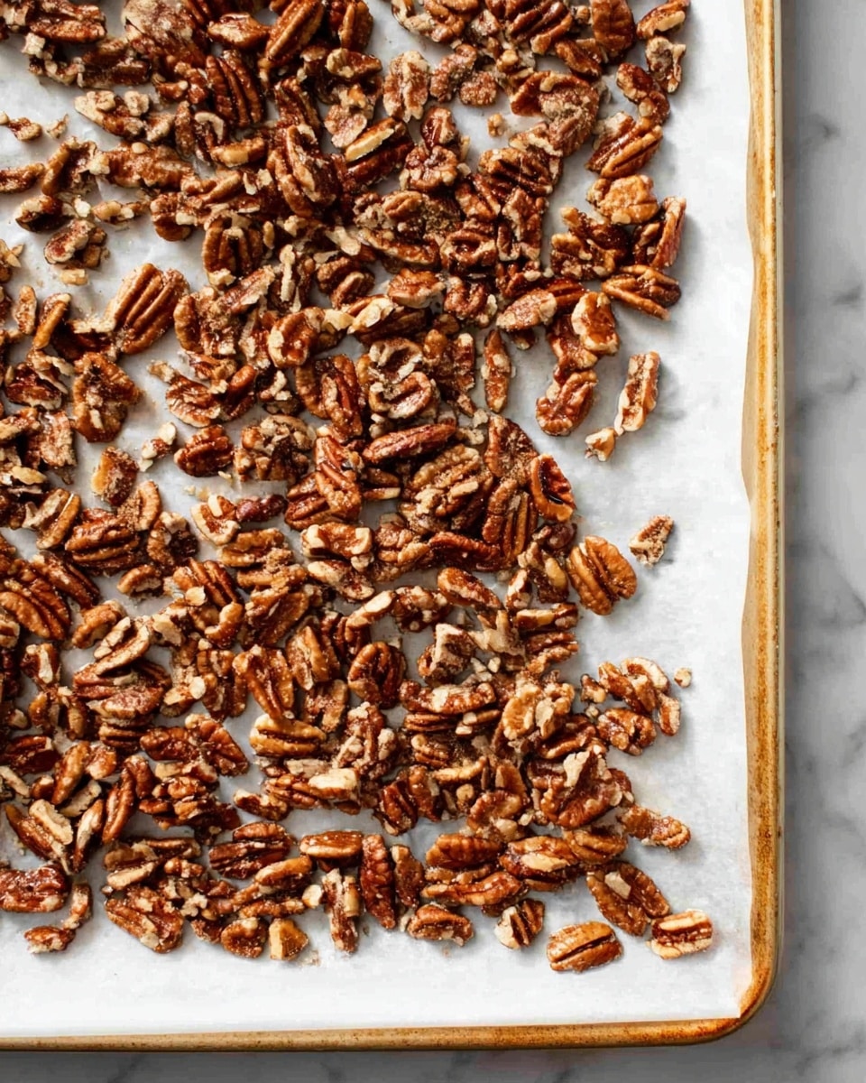 The image shows a baking tray lined with white parchment paper that covers the whole surface. Spread evenly across the tray are small pieces of pecans, varying in shade from light brown to dark caramel, with rough and cracked textures. The pecans are scattered in a loose layer, with some slightly overlapping, filling most of the tray but leaving some white parchment visible at the edges. The background surface is a white marbled texture. Photo taken with an iphone --ar 4:5 --v 7