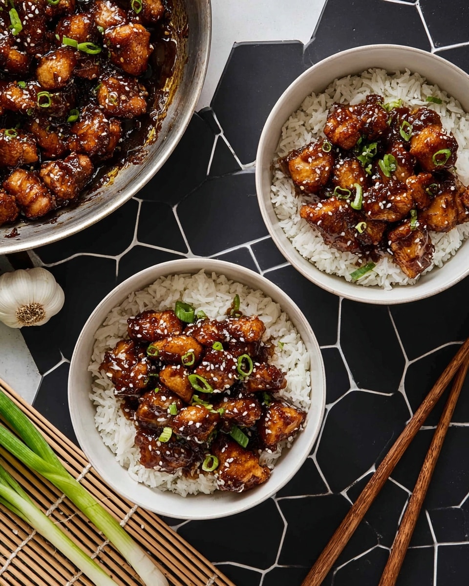 Two white bowls sit on a black hexagon tiled surface with thin white lines, each filled with white rice as the bottom layer. On top, there are many small pieces of glazed chicken with a rich dark brown shiny sauce, scattered with thin green onion rings and light sesame seeds for texture. To the top left, a metal pan shows more glazed chicken pieces with green onion bits. At the bottom right corner, wooden chopsticks rest on a bamboo mat next to the bowls. The surface around the food is clean, with a single green onion and garlic bulb placed near the bowls. photo taken with an iphone --ar 4:5 --v 7