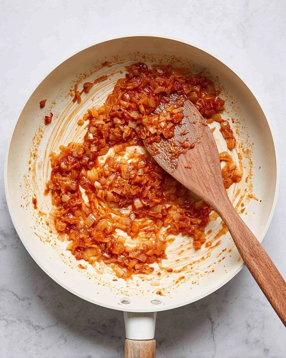 A white pan with a single layer of cooked diced onions mixed with a reddish-orange sauce spread unevenly inside it, showing some oil shine and texture from the bits being stirred. A wooden spatula with a flat head is lying in the pan, partly covered with the sauce mixture, creating a swirl pattern on the pan's surface. The pan is placed on a white marbled surface. photo taken with an iphone --ar 4:5 --v 7