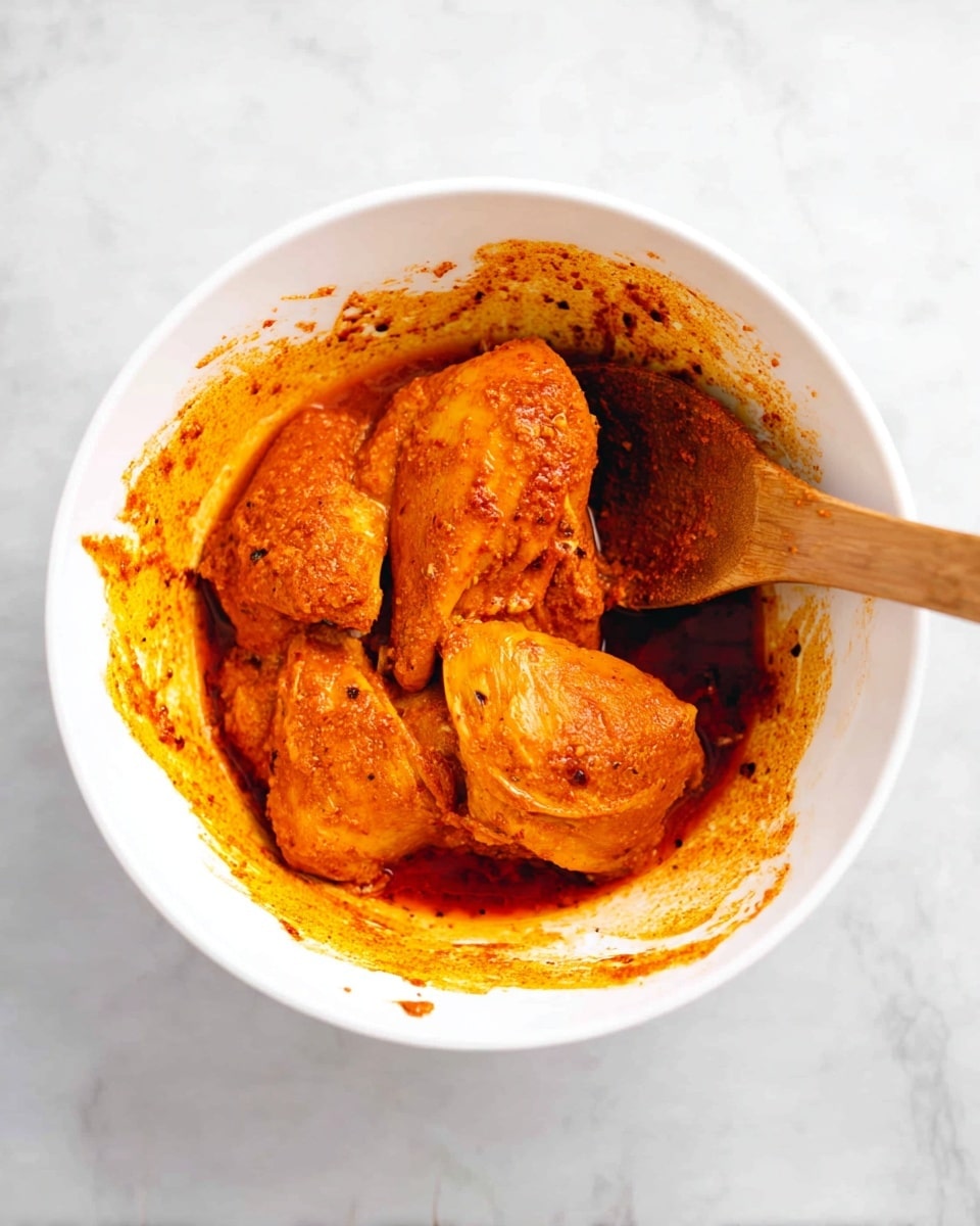 A white bowl holds four pieces of chicken coated in red-orange spices and sauce, with the sides of the bowl smeared in the same color. A wooden spoon rests inside the bowl on the right side, partially covered by the sauce. The bowl is placed on a white marbled surface. photo taken with an iphone --ar 4:5 --v 7