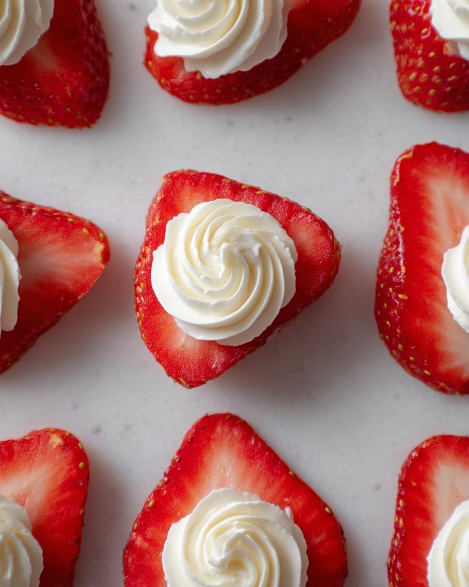 The image shows several pieces of fresh red strawberries sliced in half, each topped with a small swirl of smooth white cream. The strawberries are arranged on a white marbled textured surface, spaced neatly apart. The cream has a soft, light texture with defined, circular swirls sitting centrally on each bright red strawberry half. The overall look is clean and simple with strong contrast between the red of the strawberries and the white cream and background. photo taken with an iphone --ar 4:5 --v 7