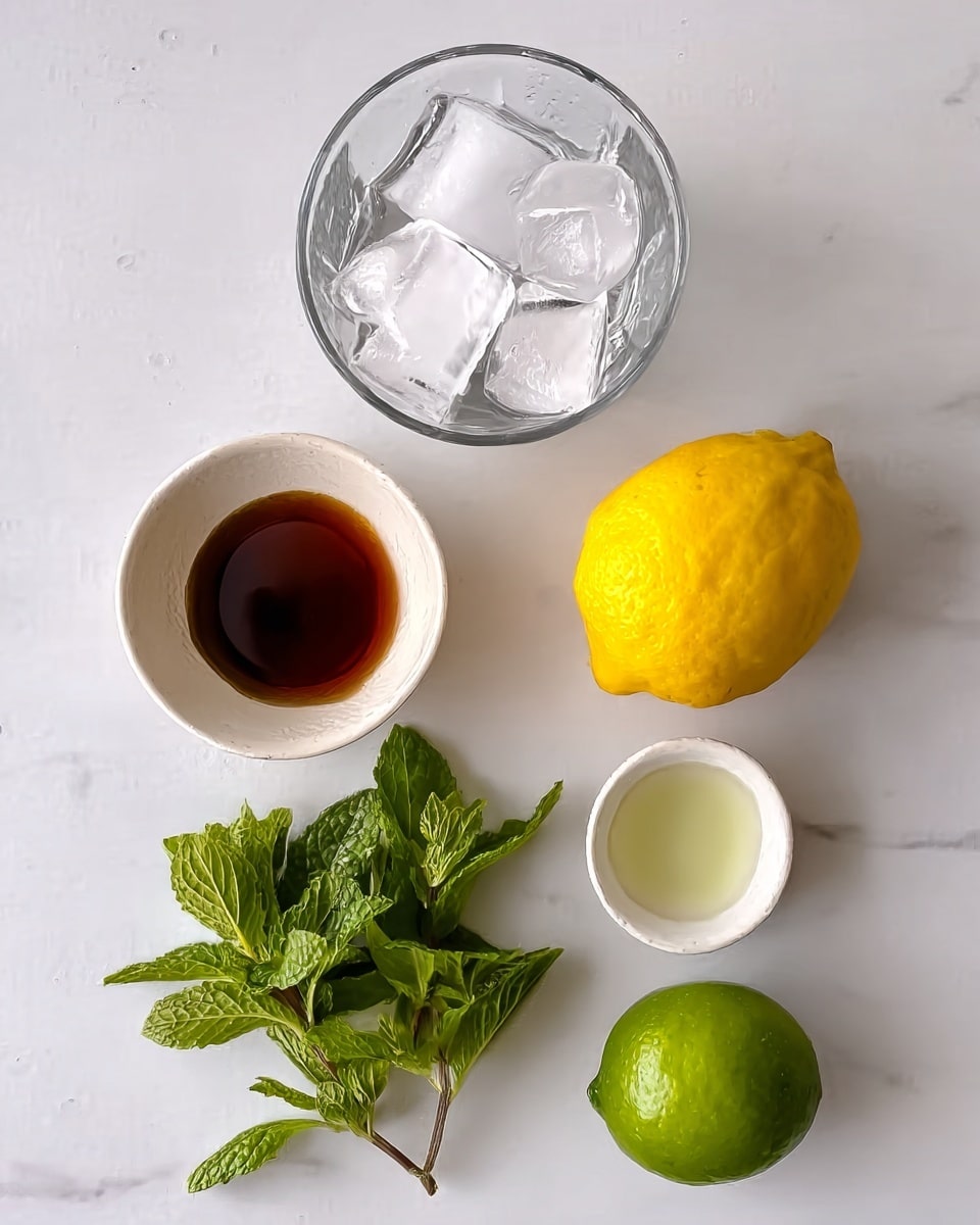 The image shows five items placed on a white marbled surface: a clear glass filled with large ice cubes at the top center, a small white bowl of dark brown liquid to the left of the glass, a whole yellow lemon to the right of the glass, a small white bowl with a clear liquid below the first bowl, a whole green lime to the right of the second bowl, and a small bunch of fresh green mint leaves below the lime. The items are spaced apart evenly. photo taken with an iphone --ar 4:5 --v 7