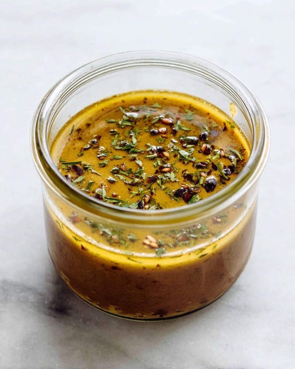 A jar filled with a two-layered sauce stands on a white marbled surface. The bottom layer is a thick, brown mustard-colored paste, smooth and dense. The top layer is a thin, glossy, golden-yellow oil with scattered dried herbs and tiny seeds unevenly spread on the surface. The jar is clear glass with a wide mouth, showing the distinct separation between the paste below and the oily herbs above. Photo taken with an iphone --ar 4:5 --v 7