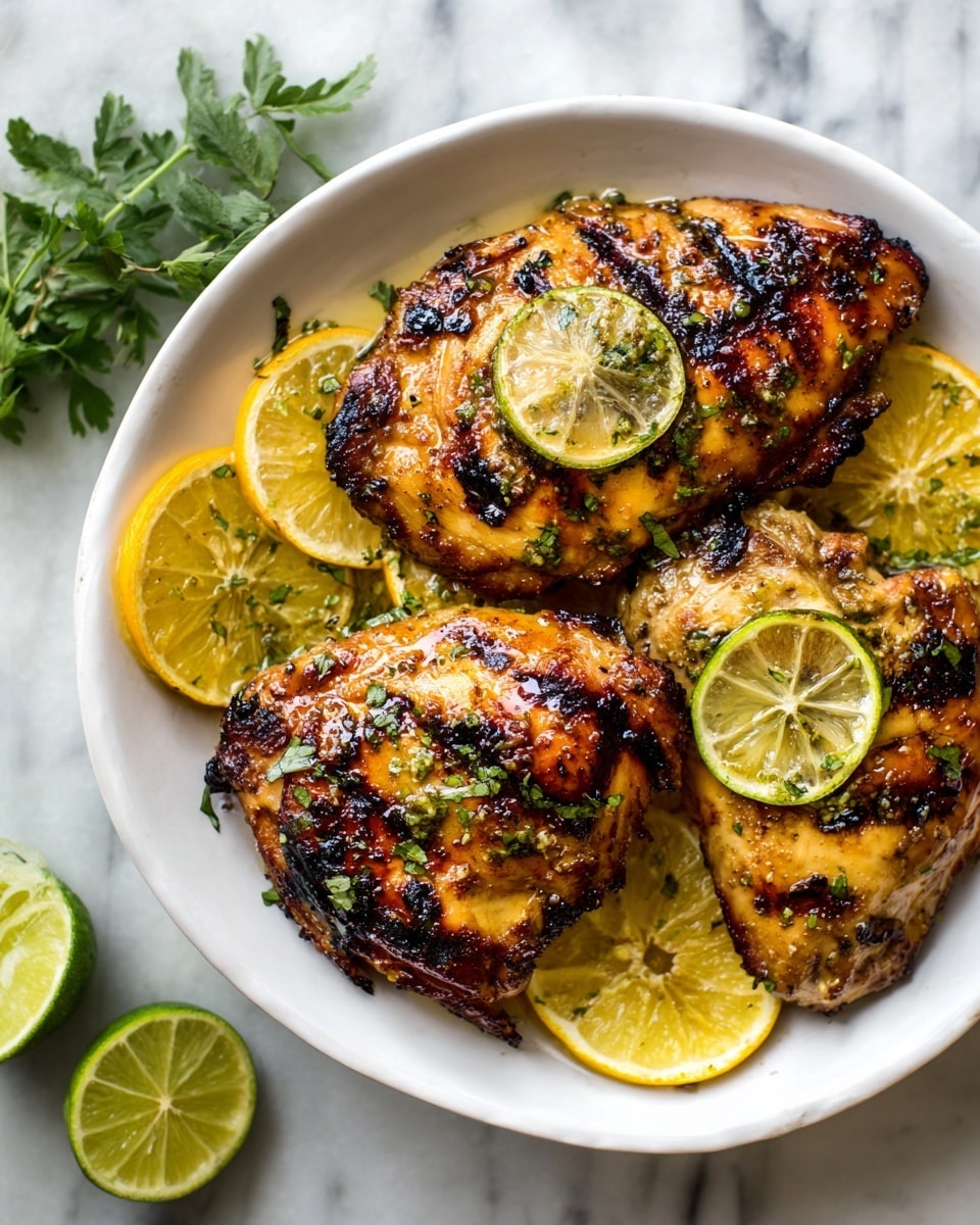 The image shows three grilled pieces of chicken with a golden brown color and some charred spots, placed on a layer of thin citrus slices including orange, lemon, and lime. The chicken is garnished with fresh green herb leaves scattered on top. All of this is served in a white bowl sitting on a white marbled surface. In the corner, there is a cut lime and some additional green herb leaves visible. Photo taken with an iphone --ar 4:5 --v 7