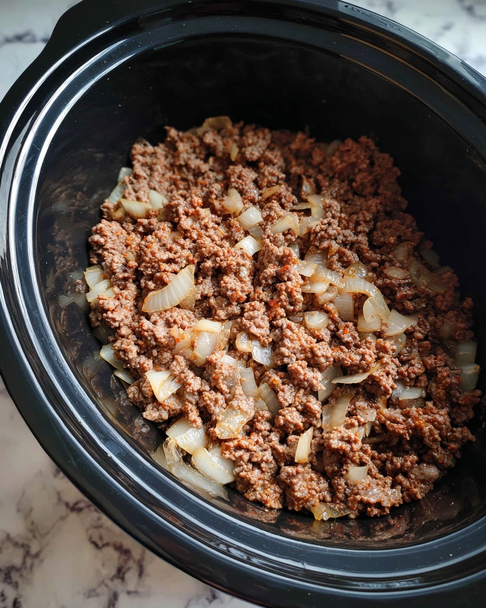 A close-up view of a black slow cooker containing one layer of cooked ground beef mixed with pieces of translucent cooked onions, showing a crumbly texture and a mix of brown and soft white colors, set on a white marbled surface. Photo taken with an iphone --ar 4:5 --v 7