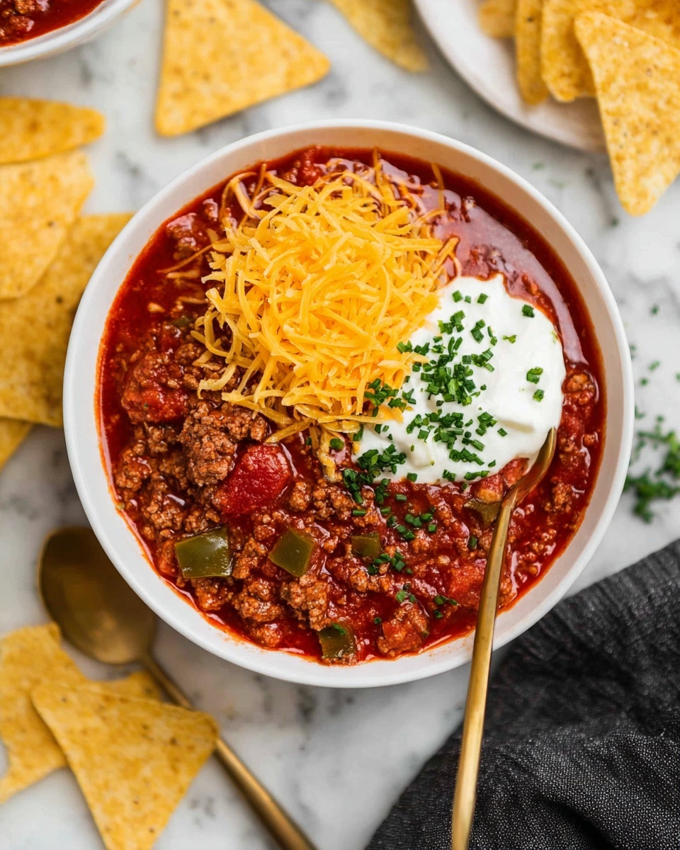 A white bowl filled with three main layers: the base layer is a thick, chunky red chili with visible ground meat and diced green peppers, covered slightly with shiny red tomato sauce; the middle layer is a pile of bright orange shredded cheddar cheese placed in the center; the top layer has a dollop of white sour cream on the right side, topped with finely chopped green chives. The bowl sits on a white marbled surface, surrounded by yellow tortilla chips, a gold spoon, black napkin, and a woman's hand partly visible at the bottom right edge. photo taken with an iphone --ar 4:5 --v 7