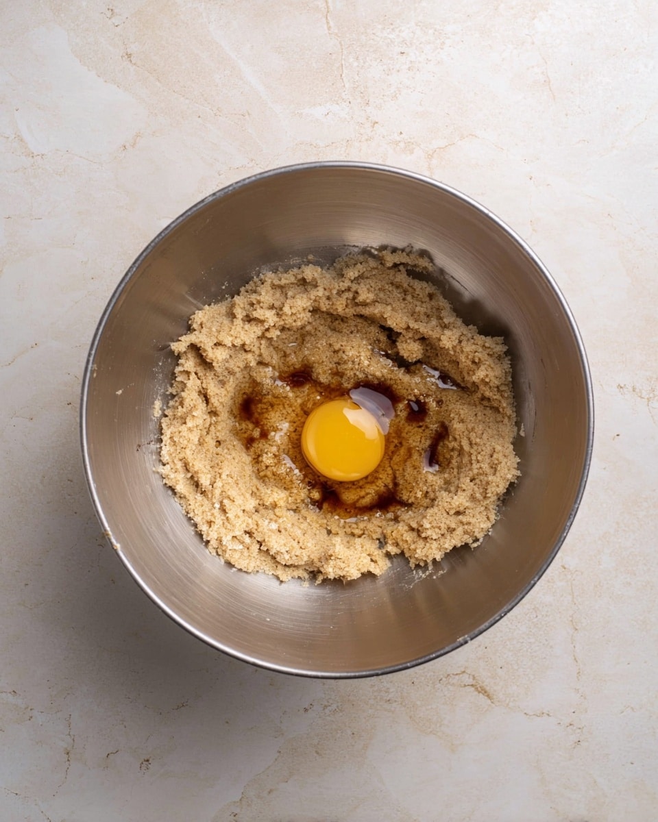 A top view of a metal mixing bowl on a white marbled surface, containing a light brown grainy dough layer around the edges with a raw egg yolk sitting in the center, surrounded by small pools of dark vanilla extract on the dough. The mixture shows rough texture and soft consistency inside the bowl. photo taken with an iphone --ar 4:5 --v 7