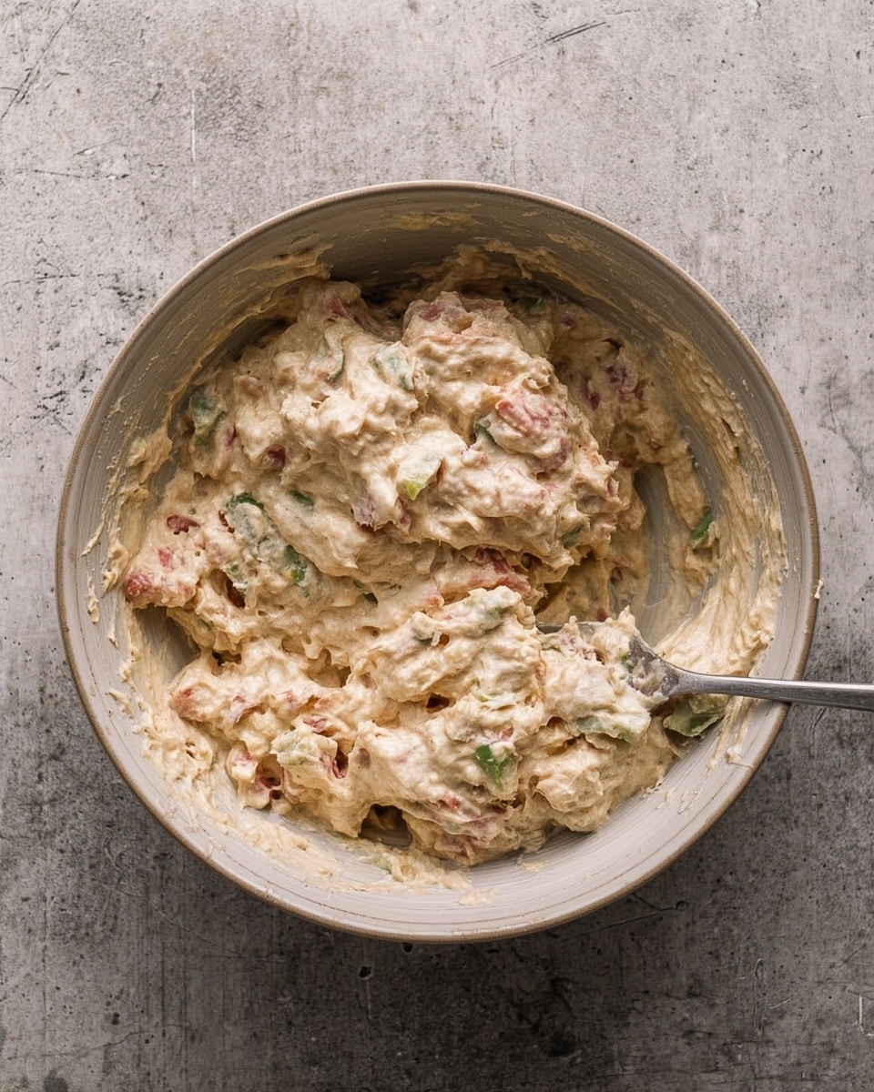A close-up top view of a light beige round bowl filled with a creamy mixture that has a thick texture, containing visible pieces of pink, green, and off-white ingredients evenly mixed throughout. The bowl is on a grey rough surface, with a metal spoon inside the mixture, showing some creamy substance on the spoon’s tip. The mixture looks chunky with a soft, moist texture and slightly lumpy layers. photo taken with an iphone --ar 4:5 --v 7