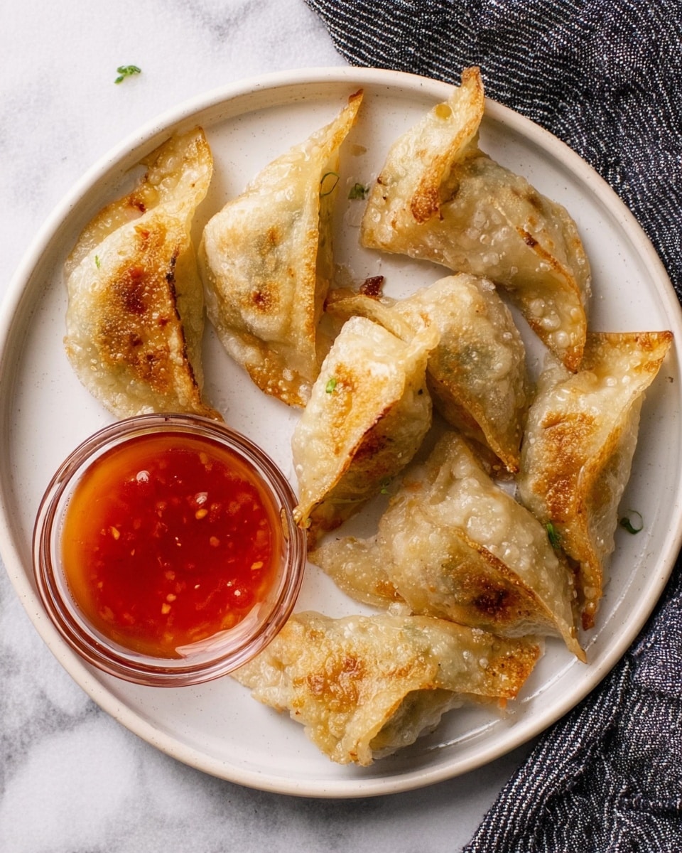 A white plate sits on a white marbled surface holding eight fried triangular dumplings with a light golden and slightly crispy exterior showing small brown spots and translucent areas revealing bits of filling inside. In the center-left of the plate is a small glass bowl filled with bright red sweet chili sauce, smooth and glossy. A dark striped cloth partially peeks in from the top right corner. The overall color palette is warm with the golden dumplings contrasting against the clean white plate and marbled background, photo taken with an iphone --ar 4:5 --v 7