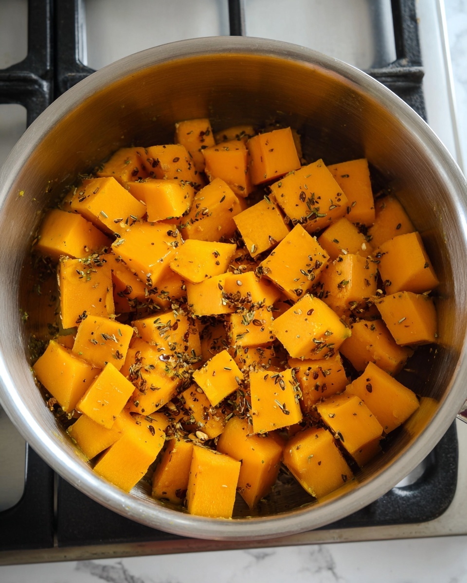 Inside a stainless steel pot, there are many pieces of cubed orange pumpkin, evenly spread out in one layer. Each piece is coated with small bits of herbs and spices that add texture and detail, with some tiny chopped garlic visible. The pumpkin cubes have smooth edges and a soft matte finish, and their warm orange color contrasts with the shiny silver of the pot's inside. The pot sits on a stove with a glimpse of black stove grates at the bottom. The overall setting shows a clean kitchen space with a white marbled texture surface around. photo taken with an iphone --ar 4:5 --v 7