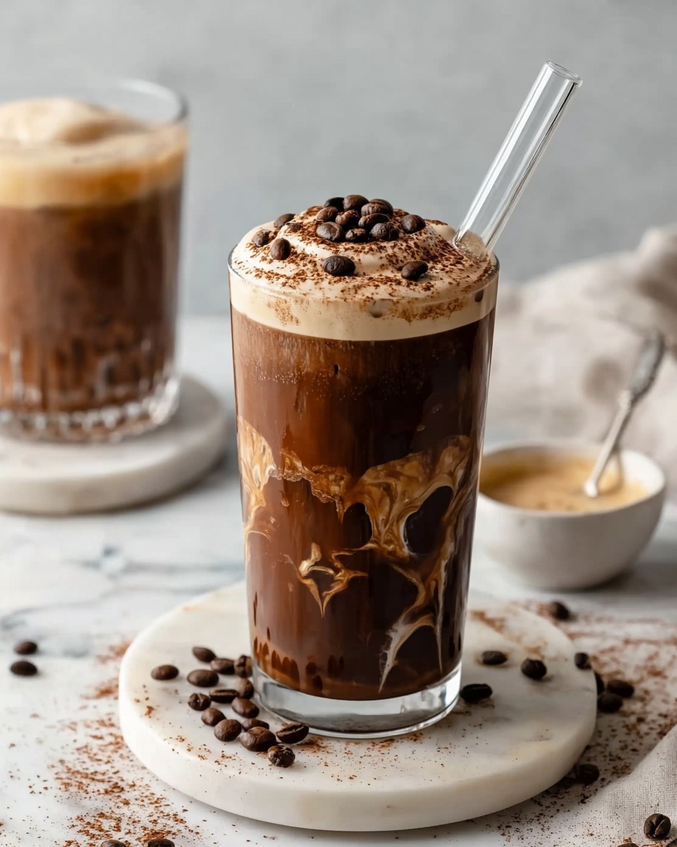 The image shows a tall, clear glass filled with a dark brown creamy drink, topped with a light beige swirl of cream or foam and sprinkled with dark coffee beans and fine brown powder. The drink has a smooth texture with some lighter swirls inside near the bottom. The glass sits on a white marbled surface on a small, round, white plate with coffee beans scattered around it. A clear glass straw is placed inside the drink, and part of a woman's hand is seen holding the straw gently. In the background, there is another identical glass and a small white bowl with a beige liquid, all on the same white marbled surface. photo taken with an iphone --ar 4:5 --v 7