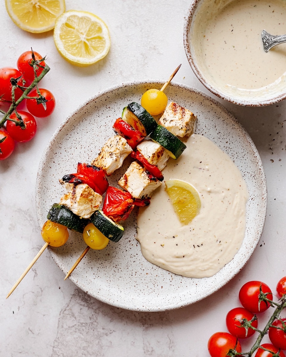 Two white trays sit side by side on a white marbled surface; the left tray holds many pieces of light pink raw chicken chunks, while the right tray contains chopped red bell peppers and light green zucchini pieces. Above the left tray, a bunch of light-colored wooden skewers rests diagonally. Below the trays, from left to right, is a small white bowl with red chili flakes, a white bowl filled with a mix of small red and yellow cherry tomatoes, and a white bowl containing a mix of yellow oil, white yogurt, and scattered green herbs and spices. Near the bottom right corner, a small silver spice container labeled