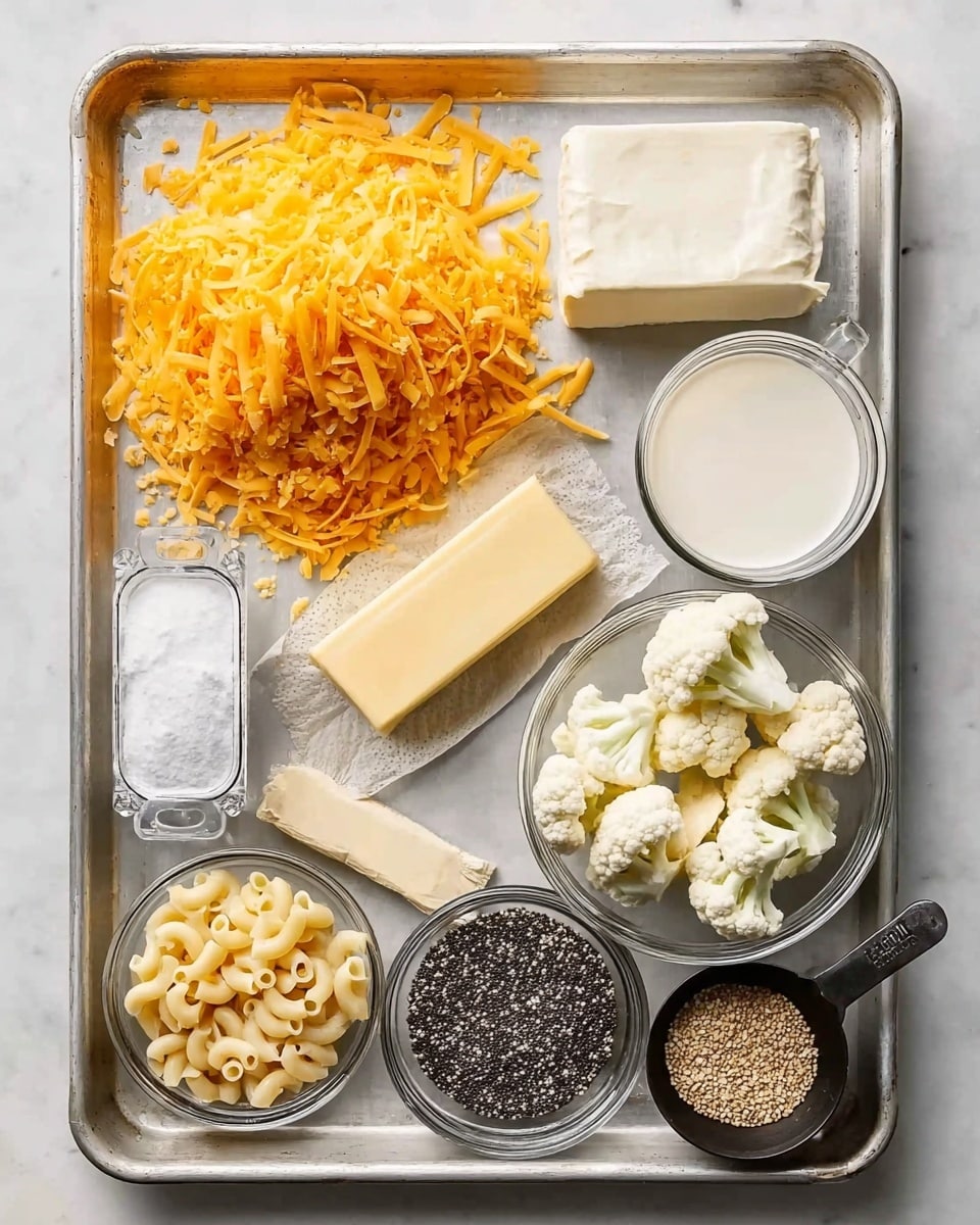 A metal baking tray holds all the ingredients for a dish, arranged neatly on a white marbled surface. In the top left corner, there is a large mound of finely shredded orange cheddar cheese. To its bottom left, a white square piece of processed cheese sits next to a glass jar of milk. Near the center, a small rectangular chunk of butter rests on its wrapper. Below that is a clear glass bowl filled with small pasta elbows, and to the right of the butter, another clear glass bowl holds fresh white cauliflower florets with a few scattered outside the bowl. Near the top right corner, a small white bowl is filled with black and white seeds resembling poppy and sesame seeds, and next to it is a metal measuring cup filled with white powder, likely flour. A small black bowl filled with coarse white salt is near the lower left center of the tray. The clean, simple setting highlights the ingredients in their raw form photo taken with an iphone --ar 4:5 --v 7