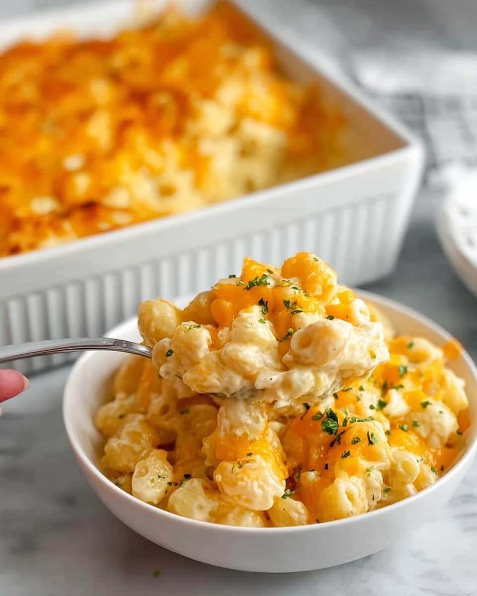 The image shows a white bowl filled with creamy yellow mac and cheese with visible small pasta shells mixed in. On top of the mac and cheese are melted cheddar cheese pieces that add a brighter orange hue. The texture looks soft and cheesy with some herbs sprinkled sparingly over it. The bowl sits on a white marbled surface, and in the background, there is a white baking dish filled with the same mac and cheese, showing a larger portion topped with melted cheese, partly out of focus. A woman's hand holds a white serving spoon, scooping some mac and cheese from the baking dish. Photo taken with an iphone --ar 4:5 --v 7