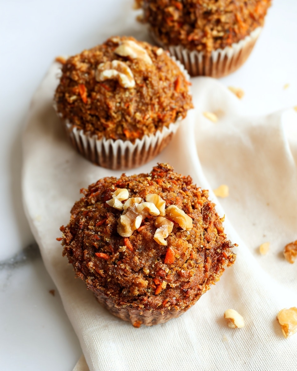 The image shows three muffins arranged on a white marbled surface with a cream-colored cloth underneath. Each muffin is placed in a white paper liner and topped with small pieces of walnuts. The muffins have a rich brown color with visible bits of carrot and textured crumbly tops, showing a moist and dense inside with orange specks. They sit closely together, with one muffin fully visible in the center and parts of the other two around it. Photo taken with an iphone --ar 4:5 --v 7