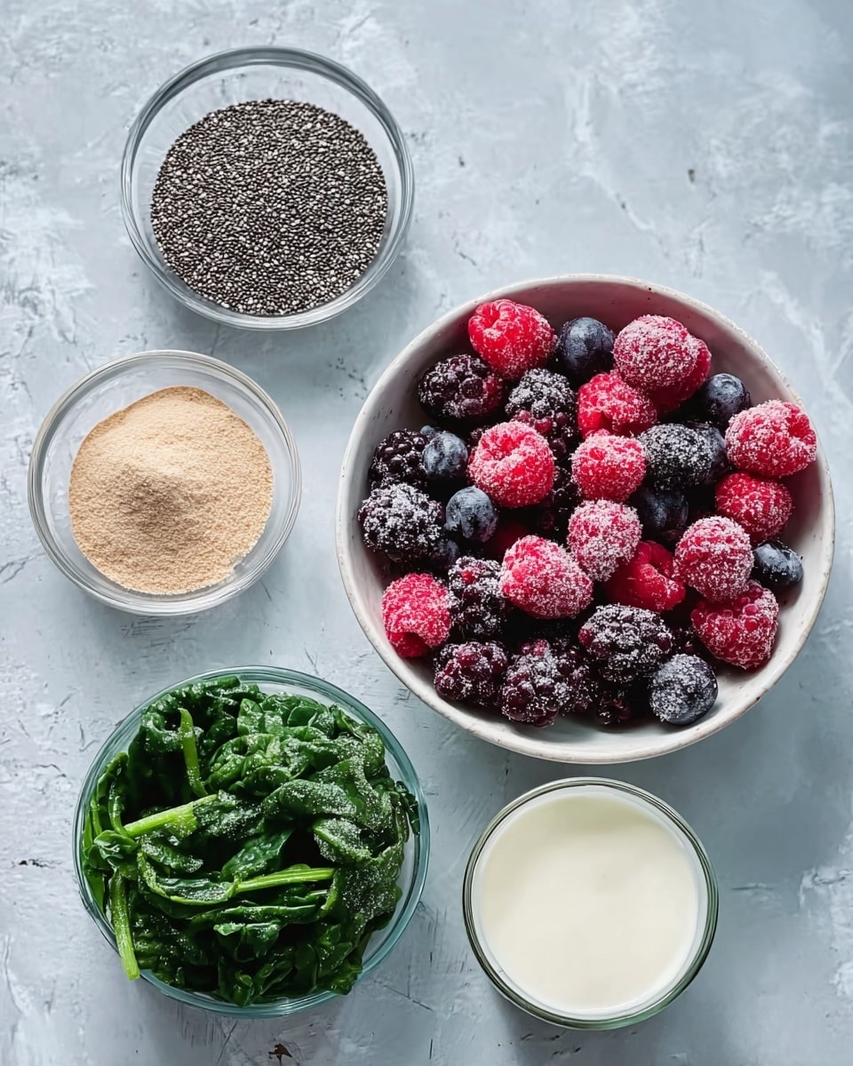 The image shows five small white bowls arranged on a white marbled surface. The largest bowl at the top right is filled with bright red raspberries, dark purple blackberries, and deep blue blueberries, all covered lightly with frost. To the left, a smaller glass bowl contains black and white chia seeds with a speckled texture. Below the seeds, a light brown powder fills another small bowl, while next to it on the right is a clear glass cup with white creamy yogurt. At the bottom left, a bowl holds dark green leafy spinach with a soft texture. The overall setting is bright and clean. Photo taken with an iphone --ar 4:5 --v 7