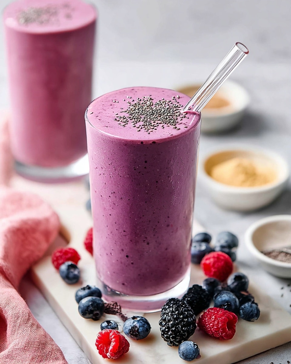 A tall clear glass filled with a smooth, thick purple smoothie shows tiny black chia seeds sprinkled on top. The glass sits on a white rectangular board with scattered fresh blueberries, a blackberry, and a raspberry around it. A shiny glass straw is placed inside the smoothie. In the background, another similar smoothie glass is slightly out of focus on a white marbled surface, with small bowls containing powders and more berries nearby. A folded pink cloth is also partially visible on the left side. photo taken with an iphone --ar 4:5 --v 7