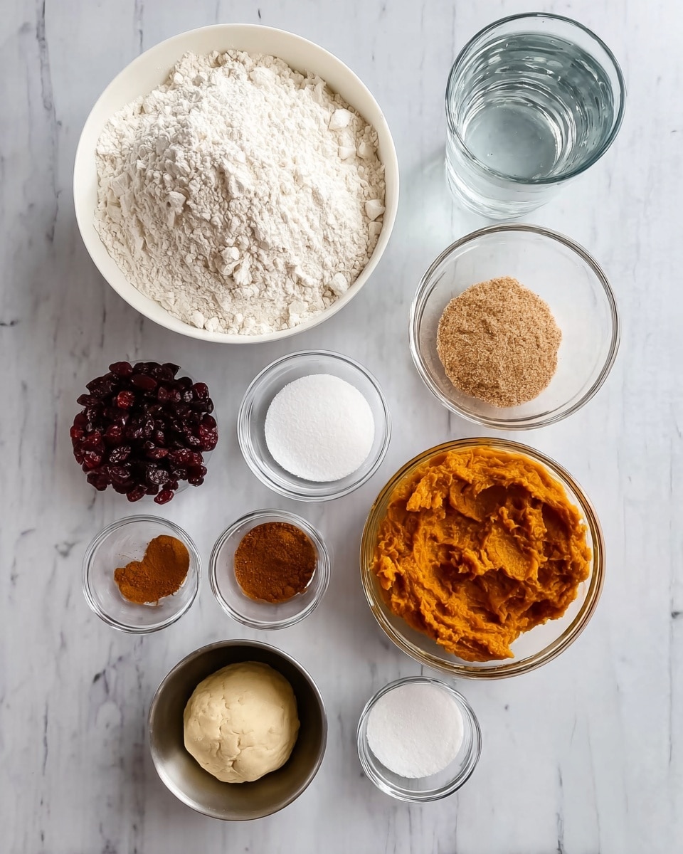 The image shows eight bowls and a glass arranged neatly on a white marbled surface. The largest white bowl at the top left contains a fluffy mound of white flour. To its right is a tall glass filled with clear water. Below the flour bowl, in a round glass bowl, there is a pile of light brown sugar. Next to it on the right, a white bowl holds a smooth, bright orange pumpkin puree. Below these, a small glass bowl contains white granulated sugar, while another small glass bowl next to it is filled with a fine orange-brown powder of cinnamon. To the left of the cinnamon, a small white bowl is filled with dark dried cranberries. Finally, a small silver bowl on the bottom left contains a smooth, pale dough. All items are arranged in an orderly grid on the white marbled surface. Photo taken with an iphone --ar 4:5 --v 7