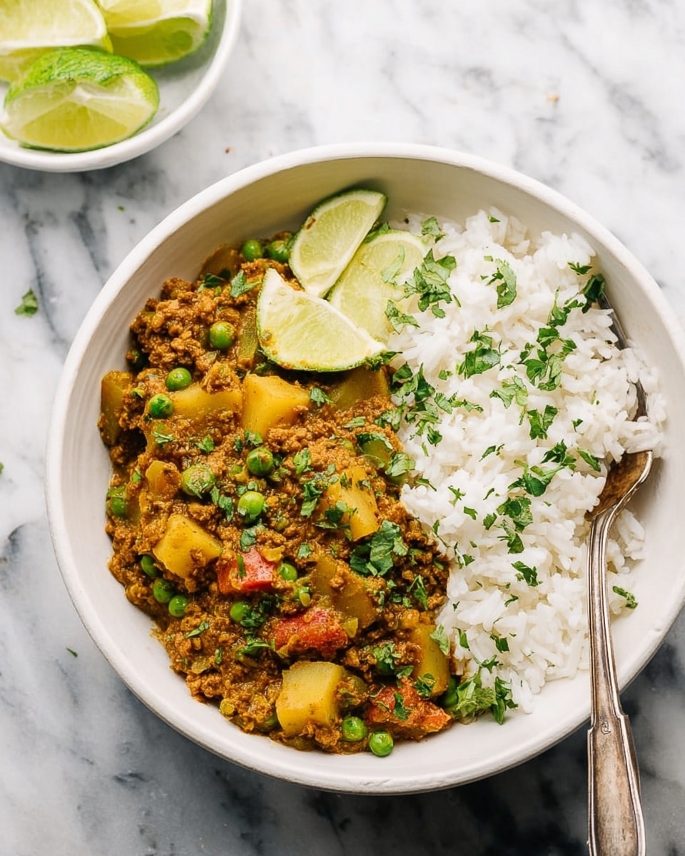 A white bowl filled with two main layers: on the right side is fluffy white rice with a slightly sticky texture, and on the left side is a thick, ground meat curry mixed with green peas, diced yellow potatoes, small tomato pieces, and chopped onions, all coated in a light brown sauce. The curry is garnished with fresh chopped green herbs and a lime wedge placed on top. A vintage silver fork rests inside the bowl on the right side, touching the rice. In the background, there is a small bowl with lime wedges on a white marbled surface. Photo taken with an iphone --ar 4:5 --v 7