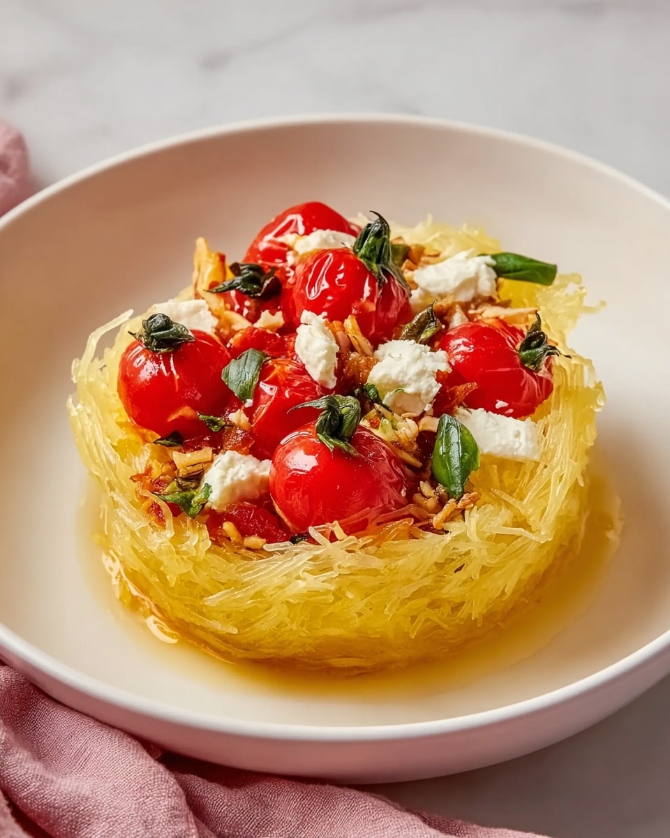 A white plate holds a dish with three clear layers. The bottom layer is a smooth, thick pale yellow base shaped in a round form. The next layer is a nest of light yellow, thin, spaghetti-like strands arranged loosely, creating a textured and airy look. On top of the nest, there are glossy, bright red cherry tomatoes, some whole and some slightly soft and bursting, mixed with white pieces of soft cheese and small green basil leaves. A white marbled surface is under the plate, and a pink cloth is partly visible on the side. photo taken with an iphone --ar 4:5 --v 7