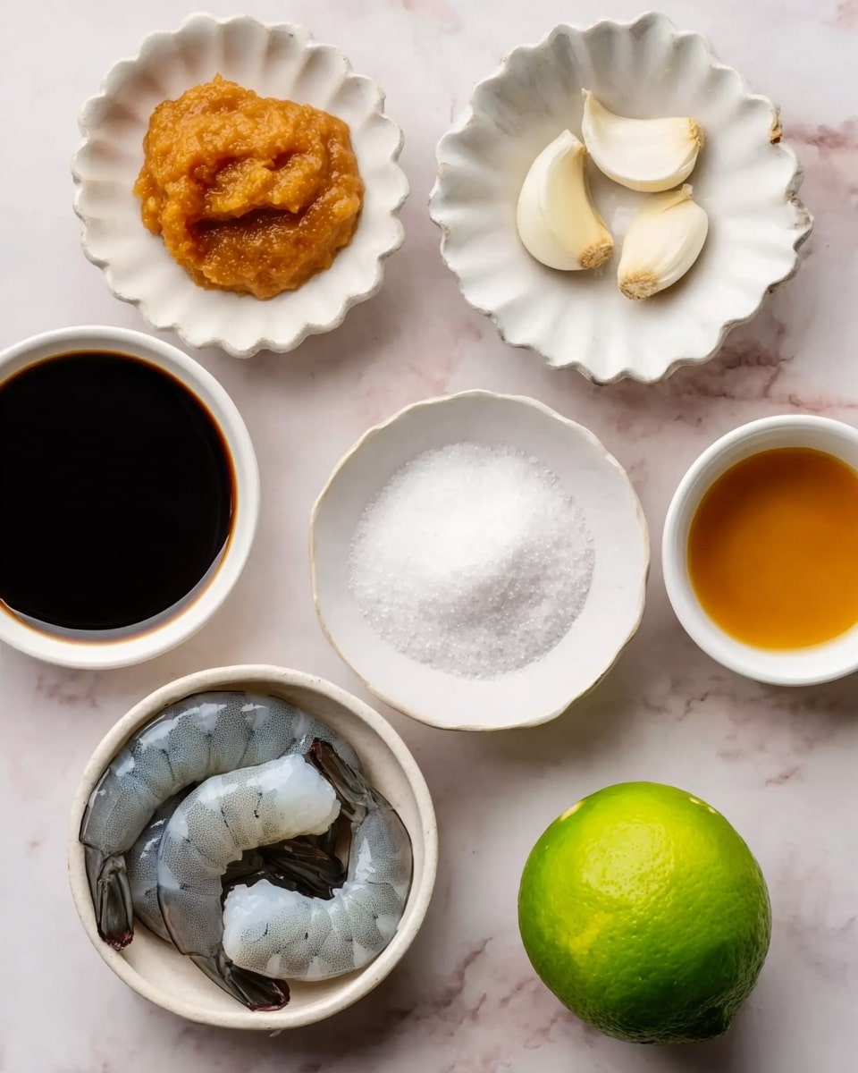 The image shows six small white bowls arranged on a white marbled surface. One bowl contains raw gray shrimp with blueish tones, another bowl has a dark brown liquid, likely soy sauce. There is a bowl filled with light orange ginger paste, and another with white granulated sugar. Two peeled garlic cloves sit in one bowl, and a small bowl holds a golden amber liquid. A whole lime with bright green skin sits next to the bowls. The different textures include the smooth shrimp, the thick paste, the clear liquids, and the firm lime. Photo taken with an iphone --ar 4:5 --v 7