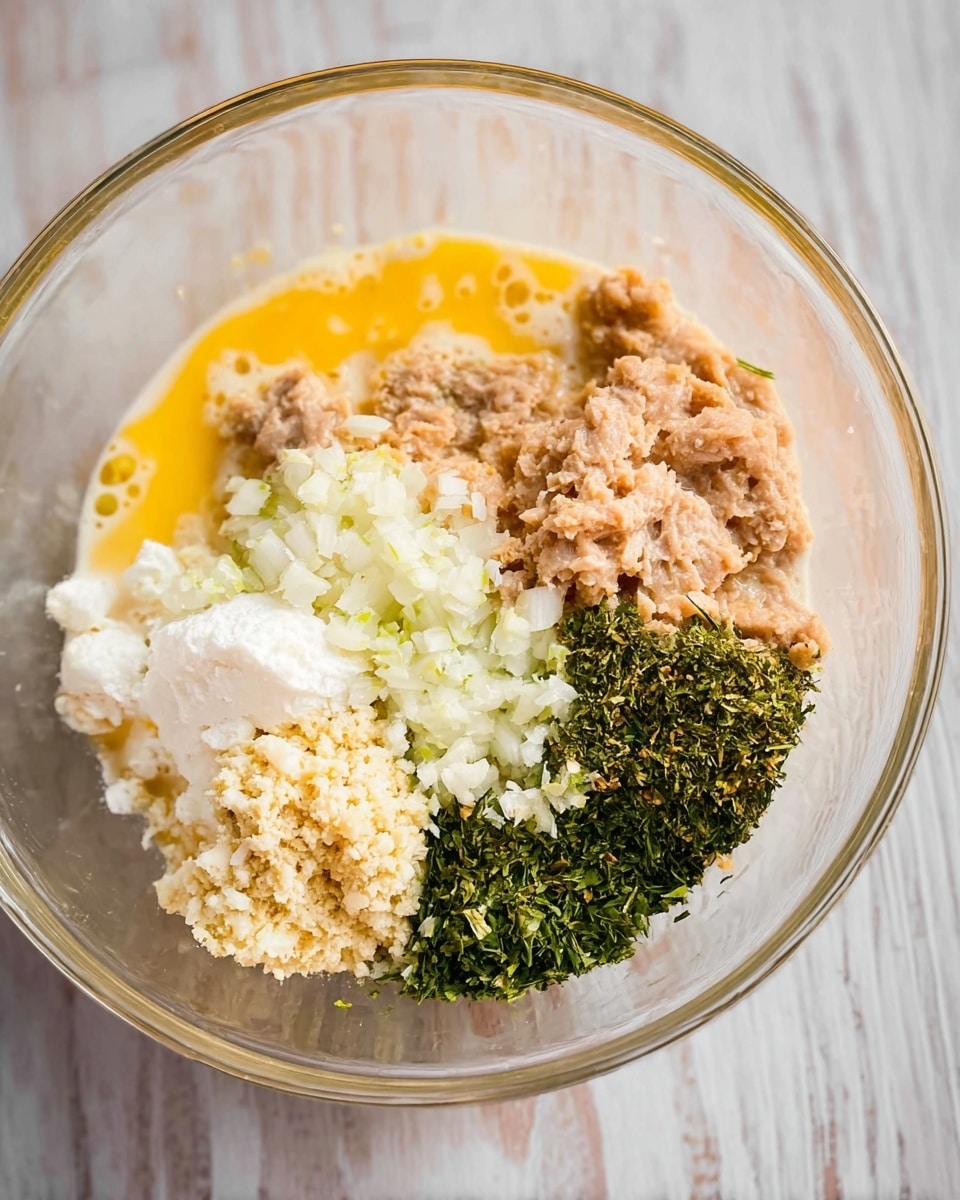 A clear glass bowl on a white marbled surface holds different layers of ingredients arranged side by side. On the top right is a light brown textured layer resembling soft tuna or meat. Below it and stretching slightly to the middle is a foamy, bright yellow layer of beaten eggs with visible bubbles. To the left of this is a layer of finely chopped white onion with a slightly wet texture. Near the bottom left is a crumbly, pale white layer that looks like grated cheese. Centered between the beats eggs, onions, and tuna are two green herb layers: a dark green, finely shredded herb sits above a lighter green, coarser chopped leaf herb. The bowl fills most of the frame and the setting has soft natural light. Photo taken with an iphone --ar 4:5 --v 7