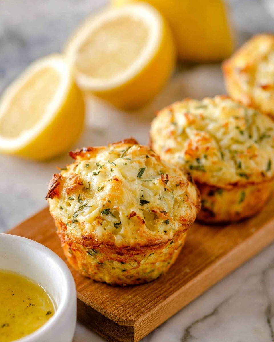 Three golden-yellow cheese muffins with green herb flecks are placed on a wooden board in the center of the image. Each muffin shows a rough, crumbly texture with melted cheese slightly oozing from the top and browned spots around the edges. In the lower left corner, there is a white bowl filled with a yellow sauce, and in the background, there are two lemon halves, bright yellow with a moist, juicy texture. The whole setting is on a white marbled surface, giving a clean look. The photo taken with an iphone --ar 4:5 --v 7