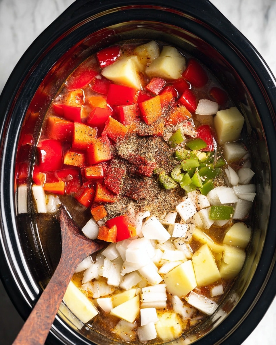 Inside a black slow cooker, there are several layers of ingredients. At the bottom and around the edges, there are chunks of white onion and pale yellow potatoes. On top of them, bright red pieces of bell pepper fill the upper part of the cooker. Scattered over the vegetables, there are small green chili pepper pieces spread across the middle and lower areas. In the center, there is a mix of dark brown spices and black pepper sprinkled over the peppers and onions. The ingredients sit in a clear liquid, and a dark wooden spoon rests on the left side inside the cooker. The background is a white marbled surface photo taken with an iphone --ar 4:5 --v 7