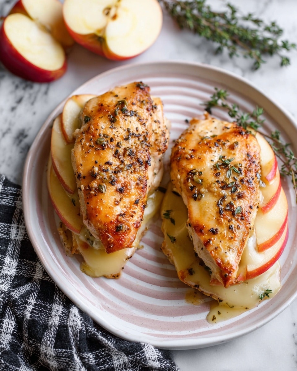 Two cooked chicken pieces are placed on a round white plate with subtle pink stripes, lying on a white marbled surface. Each chicken piece is golden brown with black pepper and small bits of minced garlic visible on top. Inside each chicken layer, there are three thin apple slices with red skin visible, stacked with creamy melted cheese between them, slightly oozing out. A sprig of fresh thyme lies near the chicken on the plate. In the background, two sliced apples with red and green skin rest on the white marbled surface. A woman's hand holding a black and white checkered cloth is visible at the plate's edge. photo taken with an iphone --ar 4:5 --v 7