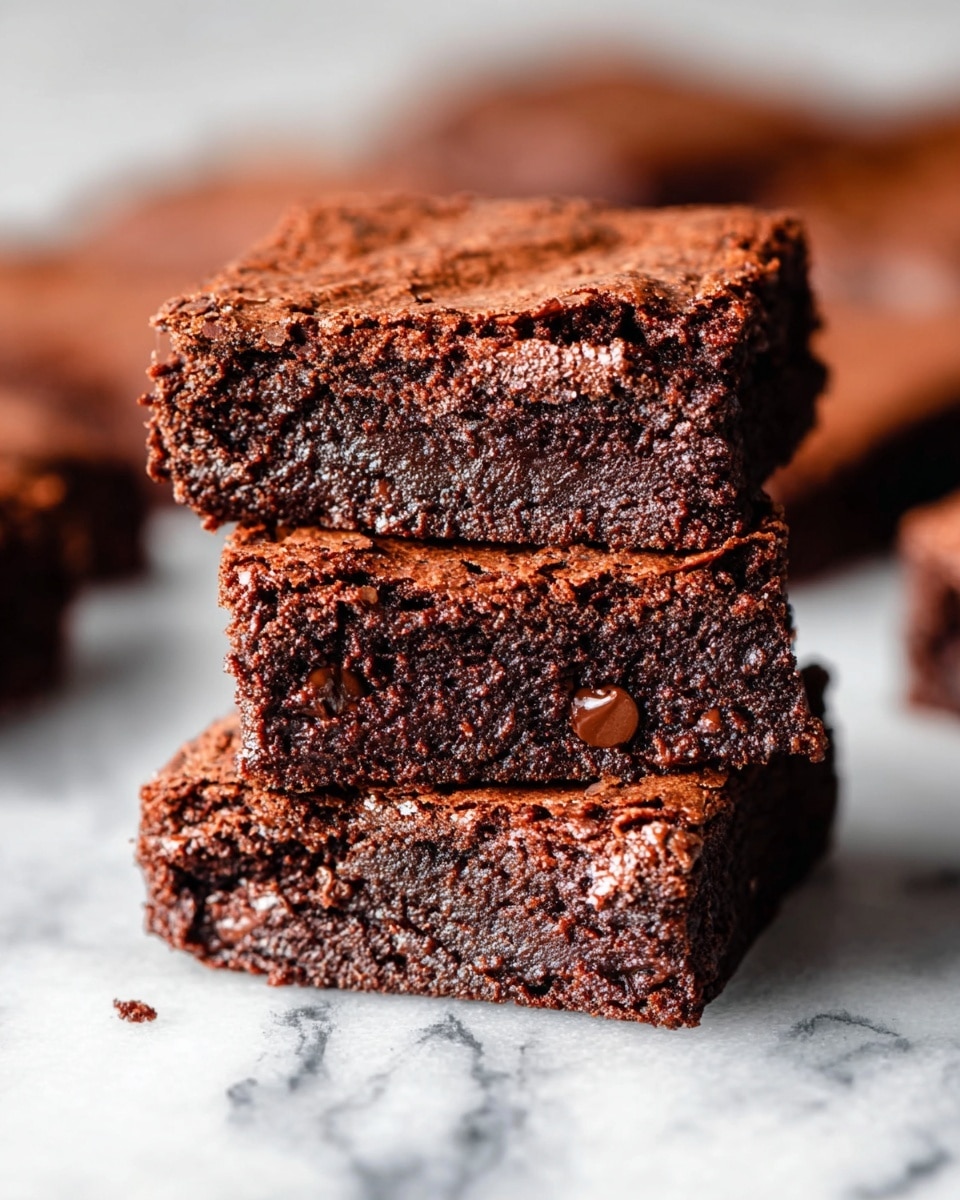 The image shows a stack of three thick, square brownies on a white marbled surface. Each brownie has a rich dark brown color with a slightly cracked top layer that looks dry and crisp. The inside texture is dense and moist with small chocolate chips visible in the middle and bottom layers. The edges are firm but not too hard, and the corners are slightly raised. The background includes more blurred brownies, creating a cozy, homemade feel. photo taken with an iphone --ar 4:5 --v 7