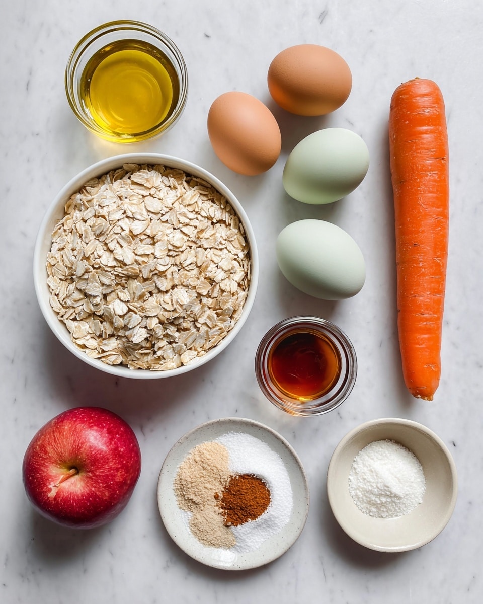 The image shows a white bowl filled with light beige rolled oats placed on a white marbled surface in the bottom left. To its right is a large, bright orange carrot with a small bit of green at the top. Above the oats are three eggs, one pale green and two brown, arranged in a slight triangle. Next to the green egg is a small glass bowl of golden olive oil at the top left. To the right of that is a small, clear glass bowl with a dark amber liquid, possibly vanilla extract. Above the carrot is another small glass bowl with light golden honey. Near the top right is a white round plate with three piles of powder: white baking powder, white salt, and brown cinnamon. Above the plate is a shiny, bright red apple. Just below the vanilla extract and near the center is a small glass bowl containing white milk. The whole scene is clean and bright. photo taken with an iphone --ar 4:5 --v 7