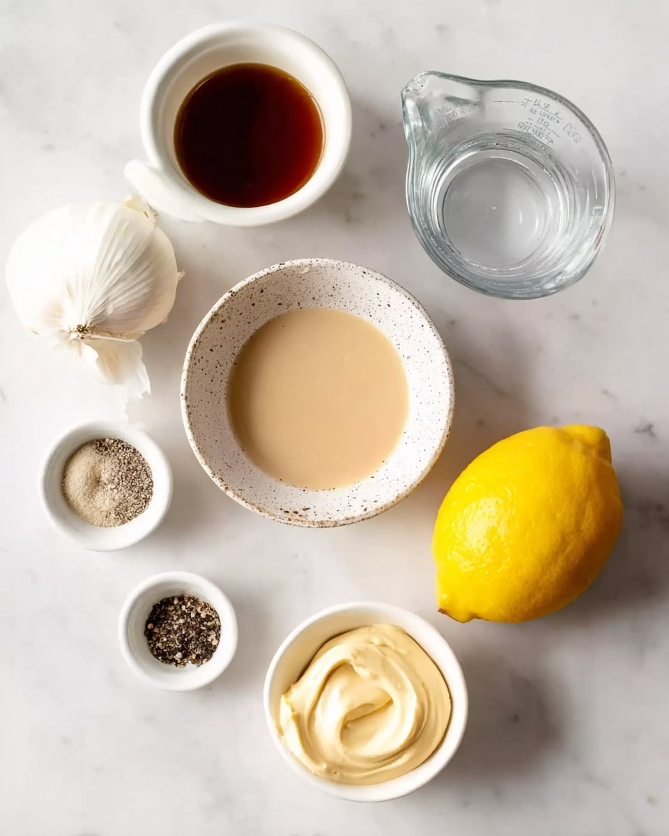 The image shows six items on a white marbled surface arranged in a loose circle. Starting from the top right, there is a whole yellow lemon with a smooth textured skin, next to it on the left is a whole white garlic bulb with slight shadowing. Above the center is an empty clear glass measuring cup. In the top left is a small white bowl filled with a dark brown liquid. Below it, a larger white bowl with a speckled rim holds a light beige creamy mixture with smooth texture. To the bottom left, a tiny white dish contains coarse salt and black pepper separated in halves. At the bottom right, a small white bowl holds a creamy pale yellow spread, smooth and shiny on top. Photo taken with an iphone --ar 4:5 --v 7
