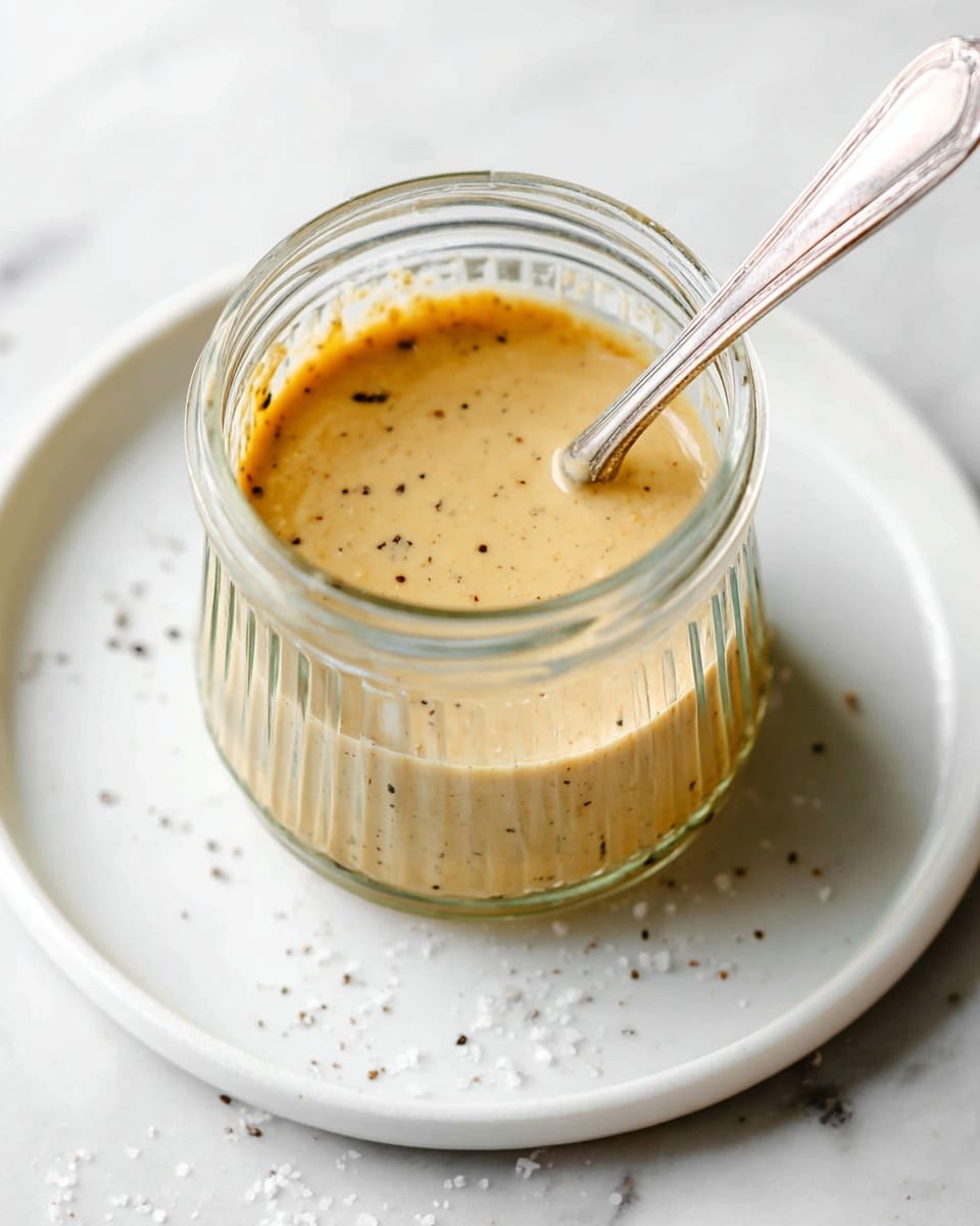 A close-up view of a clear glass jar with vertical ridges filled with smooth light beige sauce speckled with tiny black pepper bits, a silver spoon rests inside the jar at the right side, the jar sits on a plain white plate placed on a white marbled surface, small grains of salt and pepper are scattered around the plate, the overall image is bright and clean photo taken with an iphone --ar 4:5 --v 7