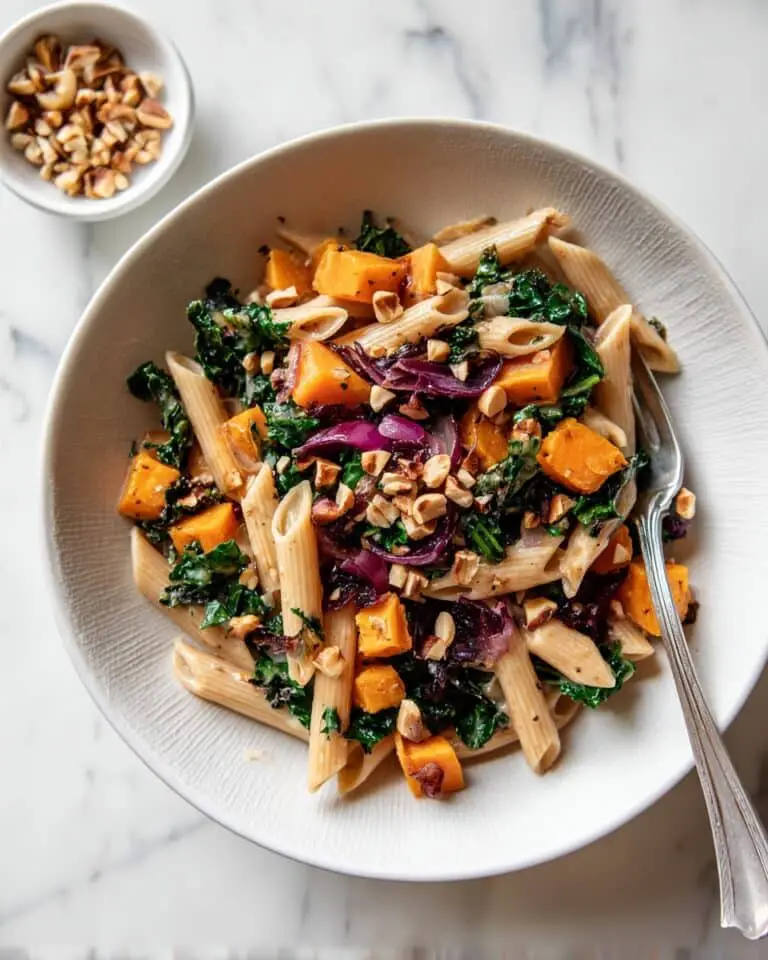 Squash and Caramelized Onion Pasta with Kale and Hazelnuts Recipe
