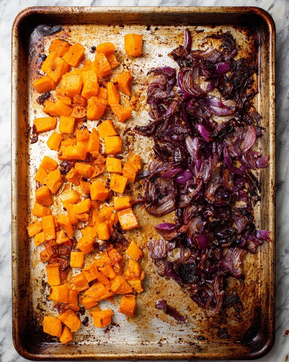 The image shows a metal baking sheet with two types of food cooked side by side: on the left are many small bright orange chunks of roasted butternut squash with some caramelized edges, and on the right is a pile of dark purple caramelized onion slices with a shiny, slightly sticky texture that spreads in an uneven layer. The baking sheet has many brown toasted marks and bits, showing heavy use. The background is a white marbled texture. photo taken with an iphone --ar 4:5 --v 7
