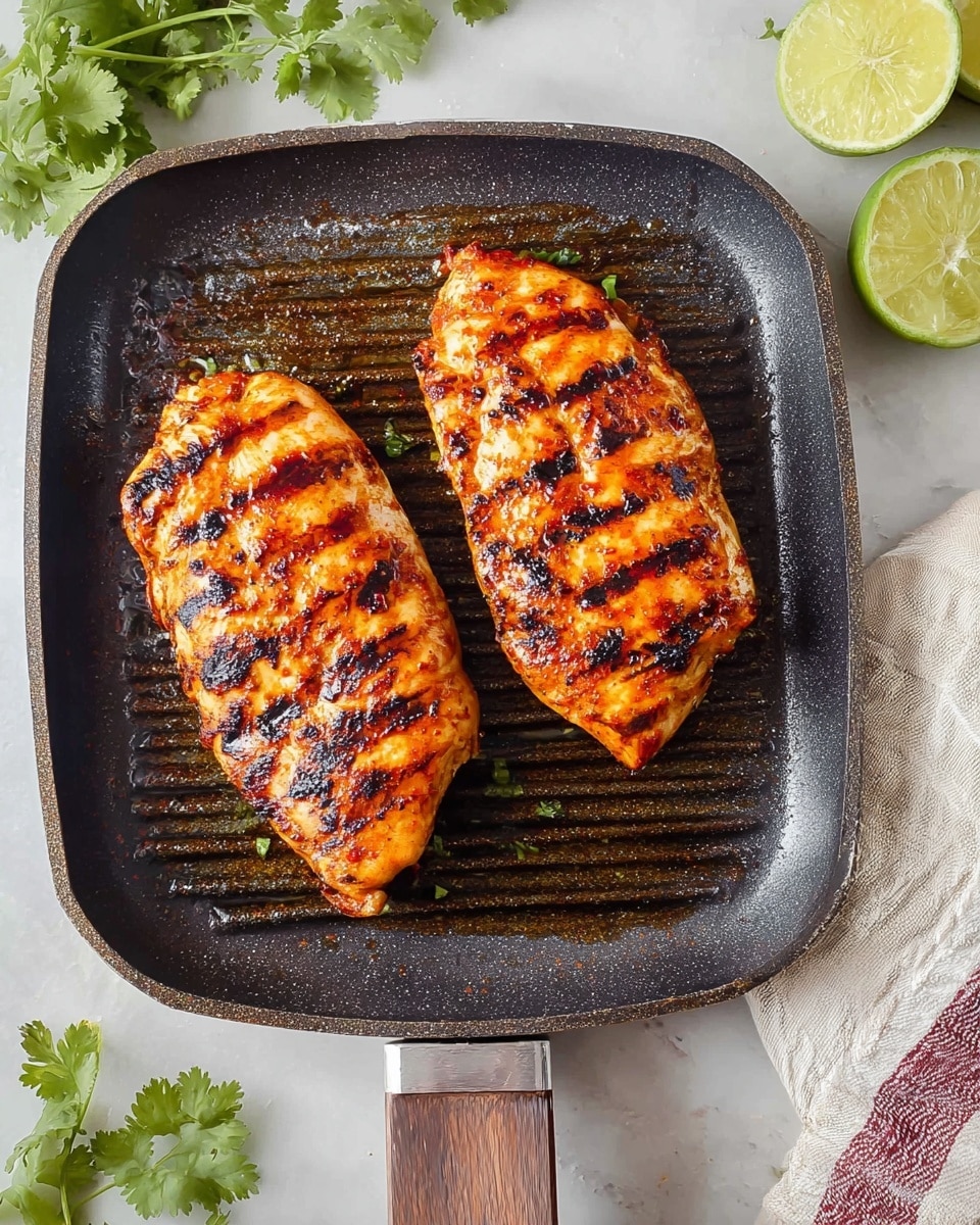 Two grilled chicken pieces with a reddish-brown color and char marks sit on a dark grill pan. The chicken pieces are placed side by side in the center of the pan, which has brown grilled residue and a shiny surface. The grill pan handle extends toward the bottom of the image. The white marbled surface underneath has a white and beige striped cloth on the right side, with green lime halves and fresh cilantro leaves visible near the edges. Photo taken with an iphone --ar 4:5 --v 7