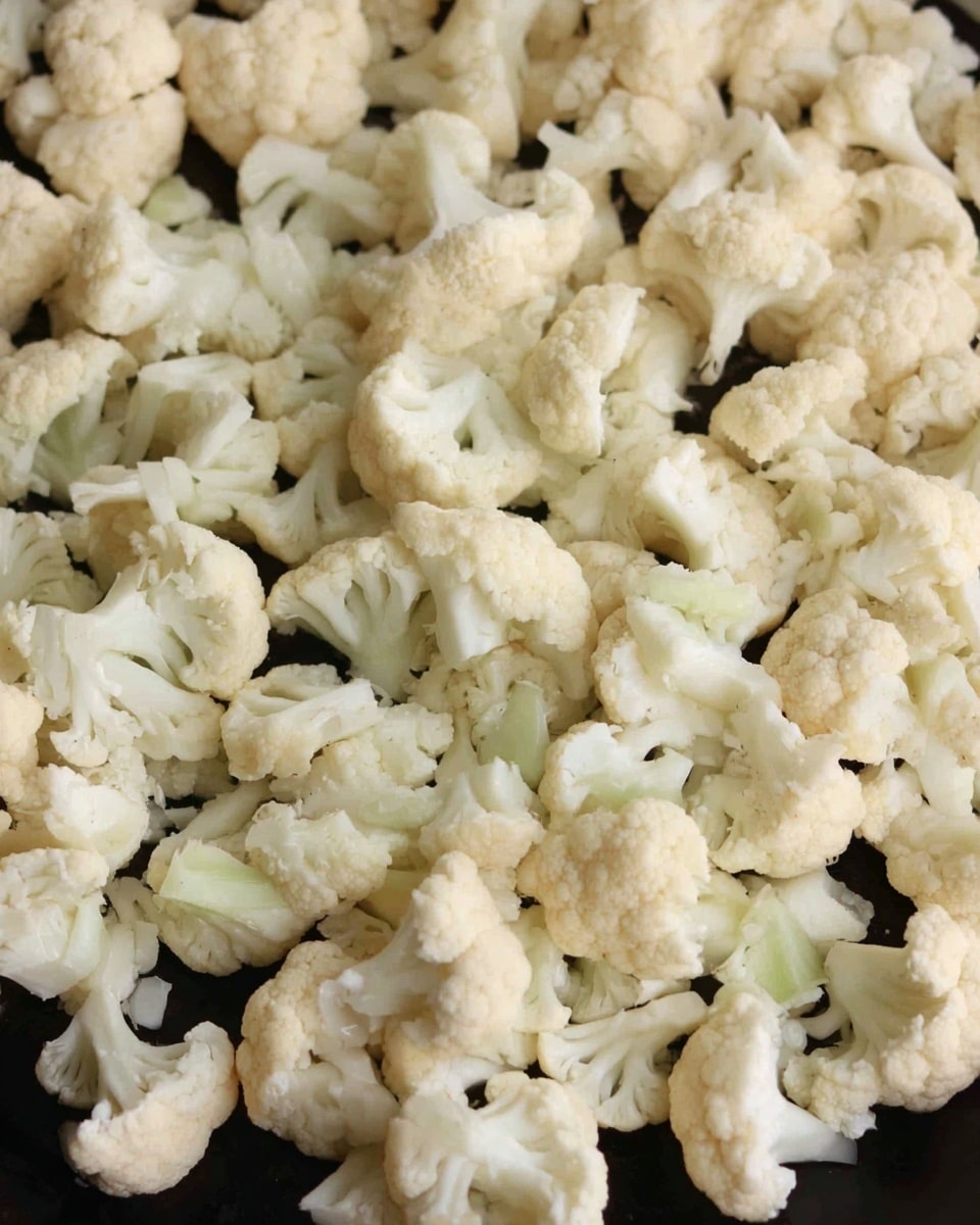 A black round tray is filled with many small pieces of raw cauliflower florets. The cauliflower pieces are creamy white with a slightly bumpy texture and some light green hints. They are spread evenly over the tray, showing different sizes from tiny to medium, with the white marbled surface faintly visible at the edges. photo taken with an iphone --ar 4:5 --v 7
