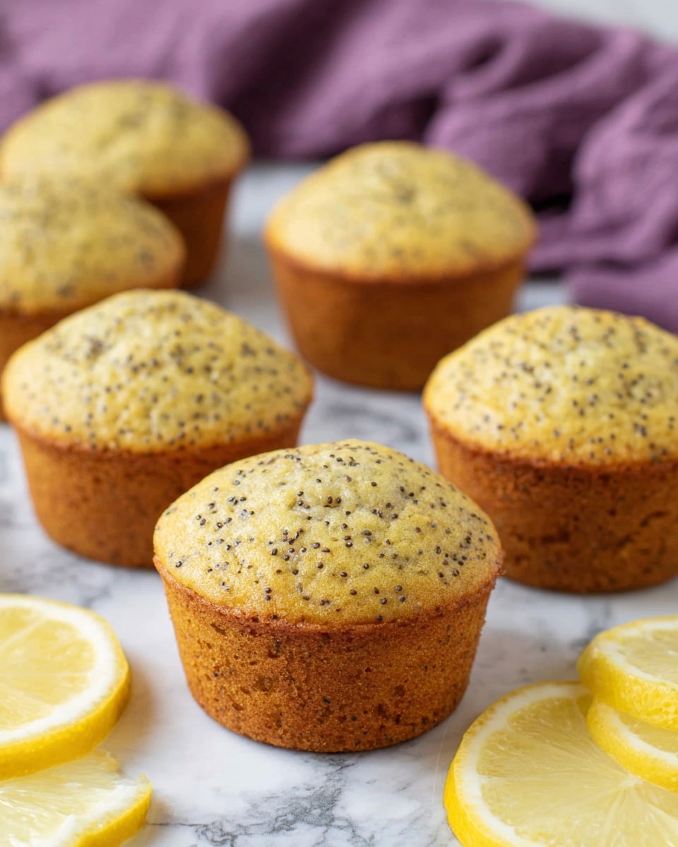 The image shows several lemon poppy seed muffins arranged on a white marbled surface. The muffins are golden brown with a slightly crumbly texture, dotted with small black poppy seeds visible throughout each muffin. They have a rounded top that rises above the muffin casing. Around the muffins, there are sliced lemon pieces displaying a bright yellow color with a juicy texture. In the background, a purple cloth adds a soft contrasting color. photo taken with an iphone --ar 4:5 --v 7